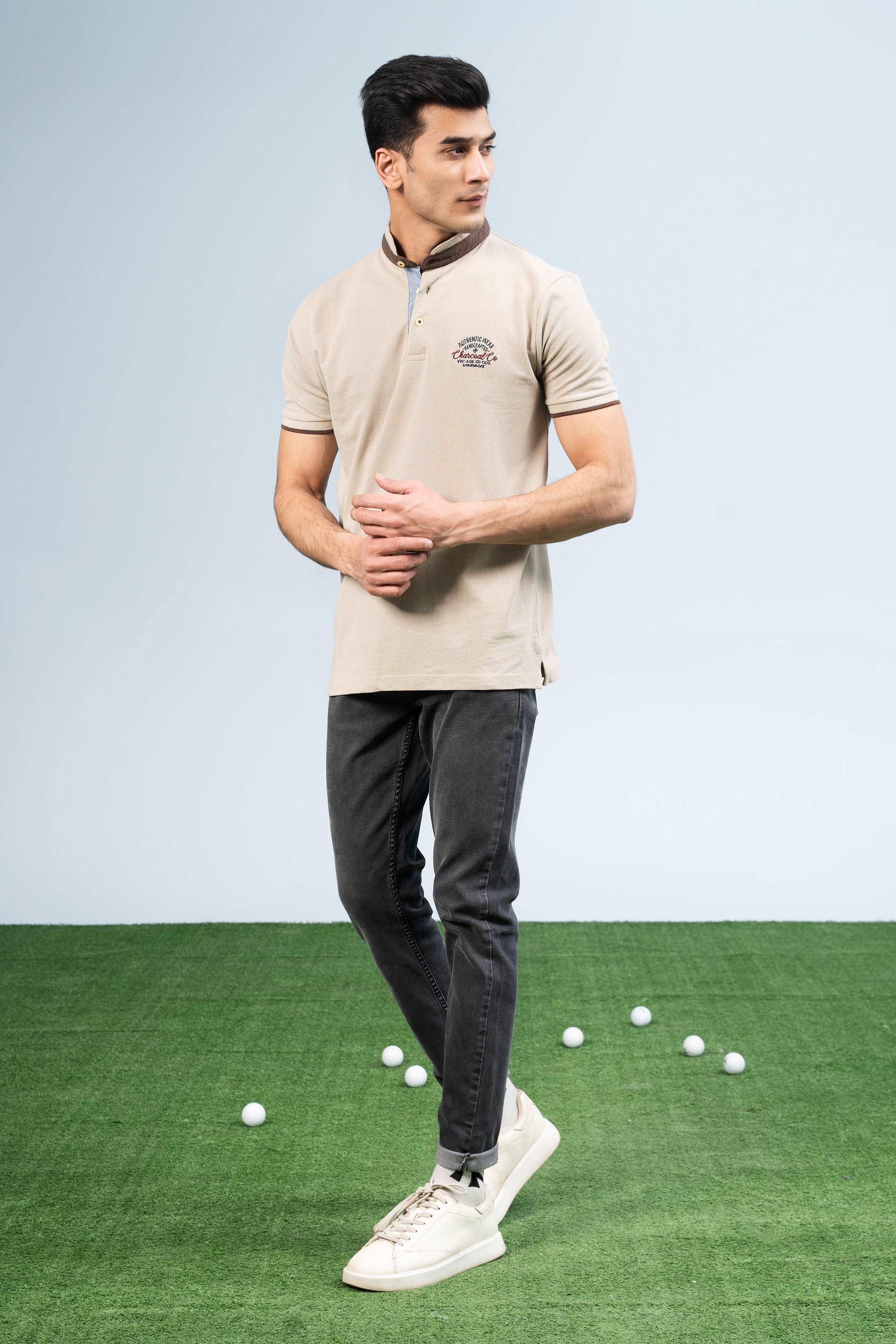 BAN COLLAR POLO LIGHT KHAKI at Charcoal Clothing