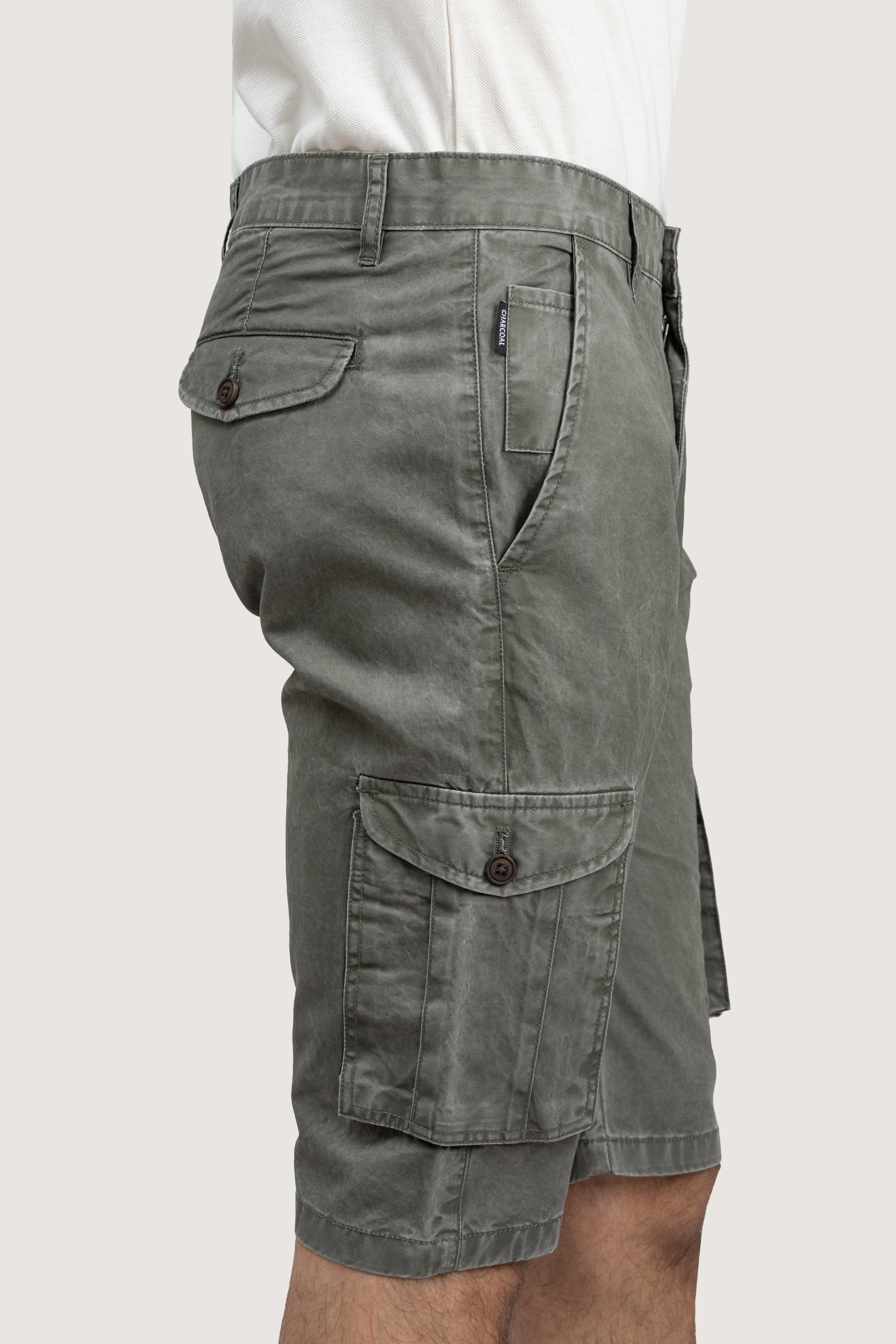 CARGO ENZYME WASHED REGULAR FIT OLIVE SHORTS at Charcoal Clothing
