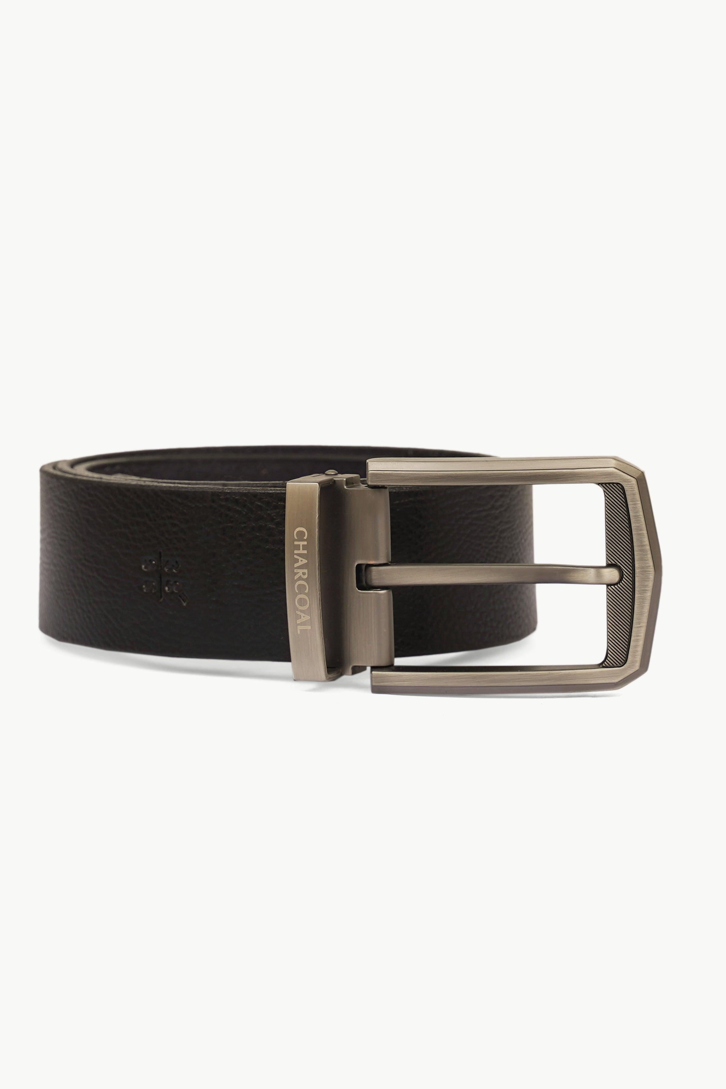 Dark leather casual belt with silver frame buckle and textured surface, side view