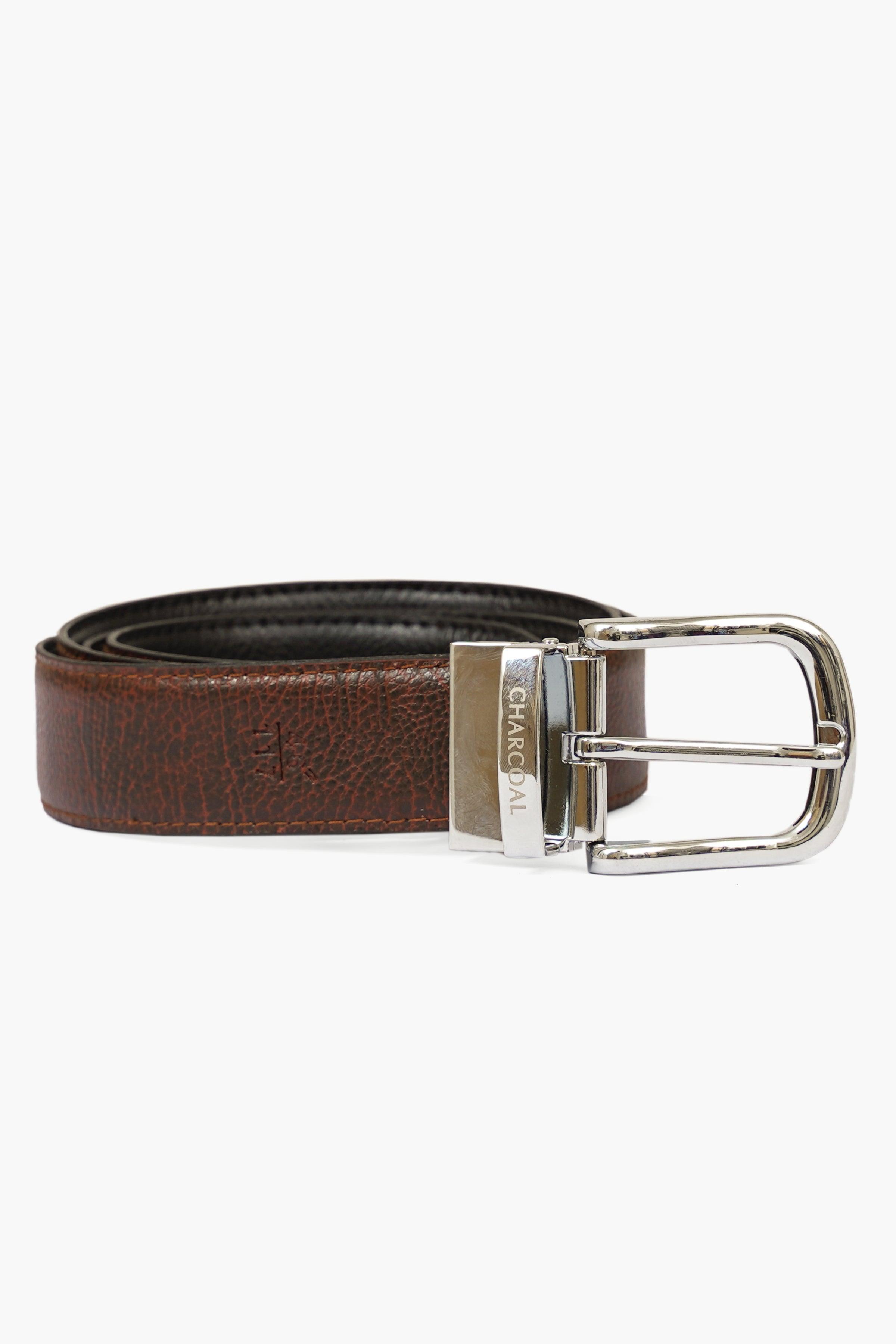 Brown leather casual belt with adjustable holes and silver buckle, side view