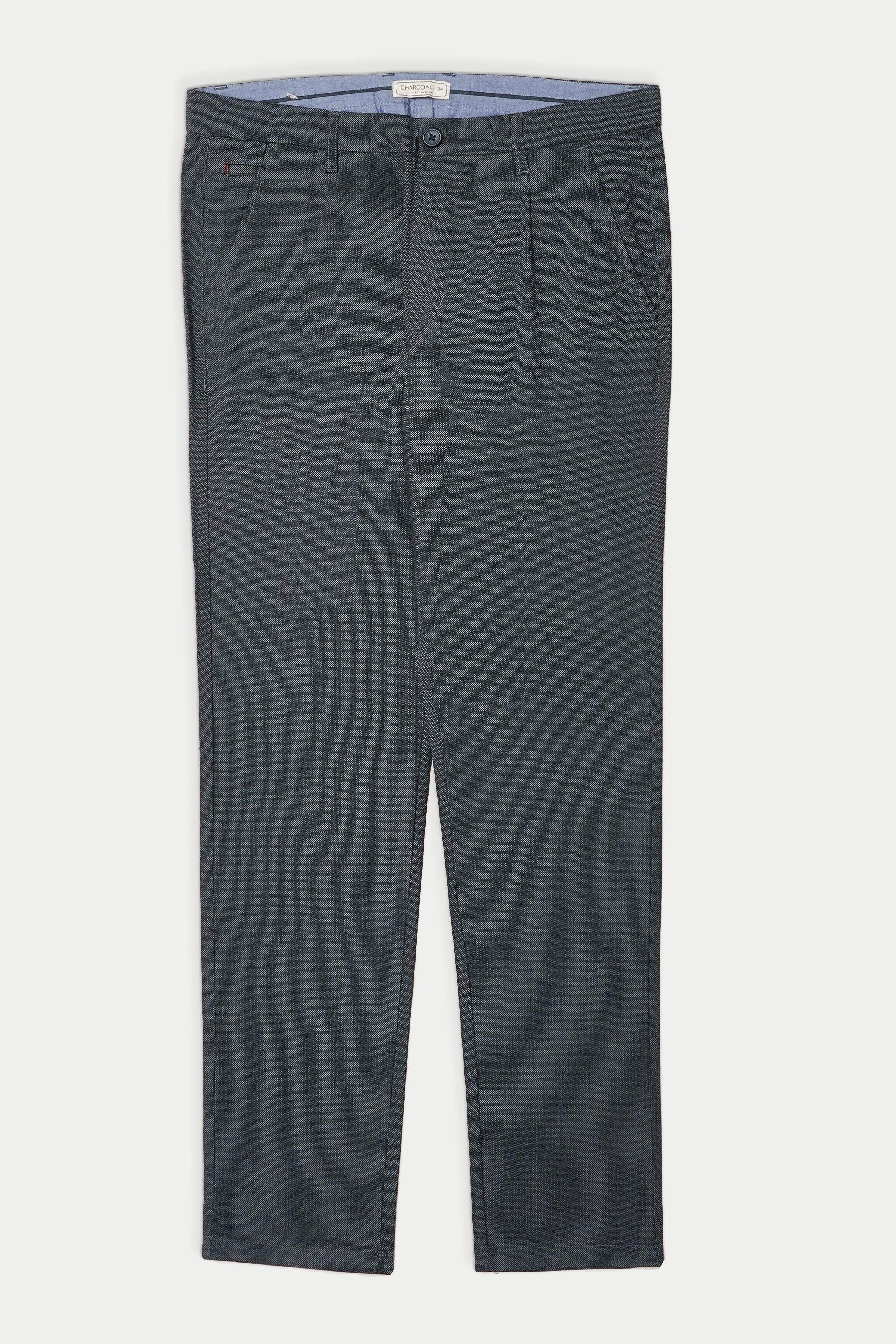Casual pants in dark grey-black with belt loops and button fly, full front view.