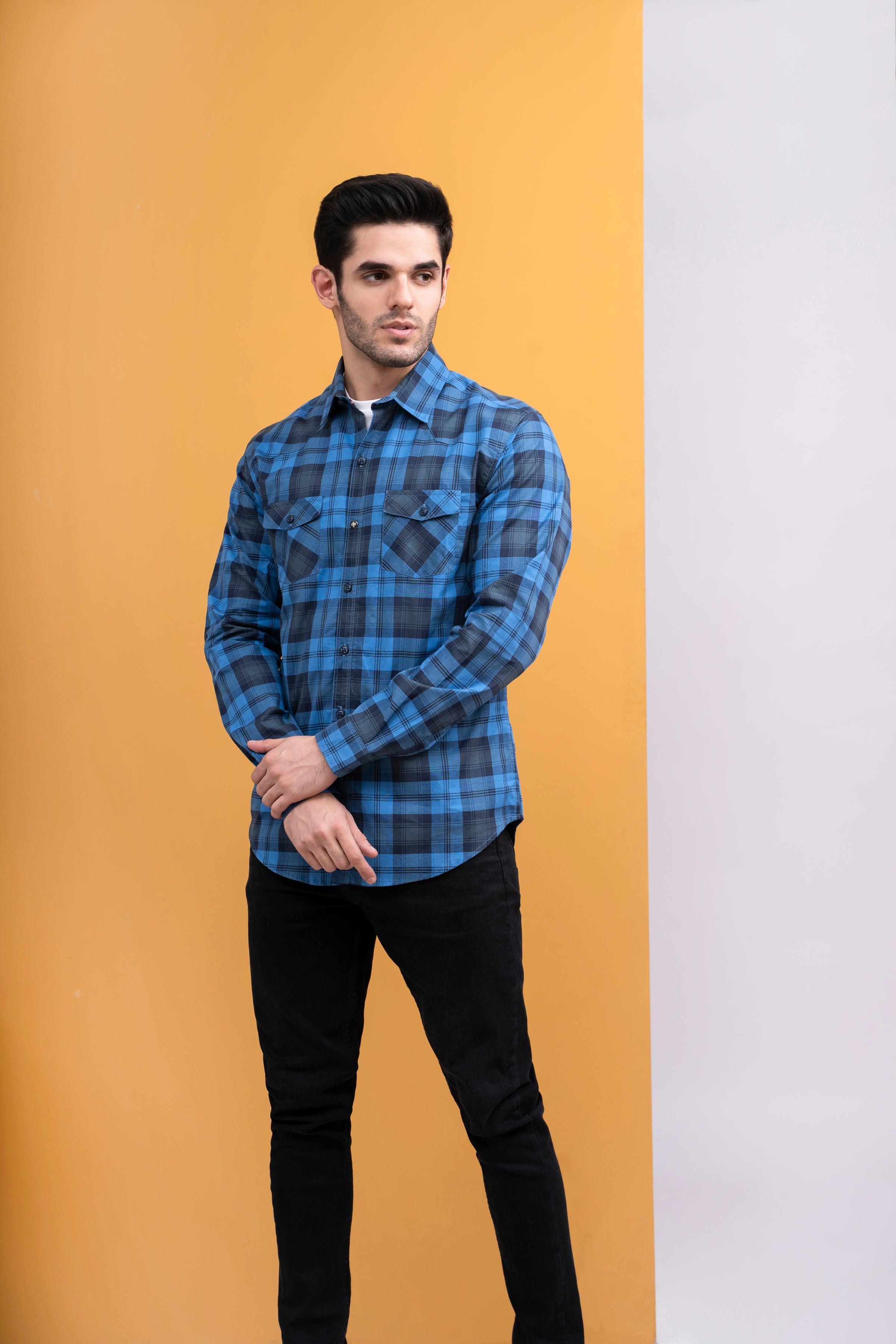 CASUAL SHIRT FRONT PANNEL DOUBLE POCKET BLUE CHECK at Charcoal Clothing