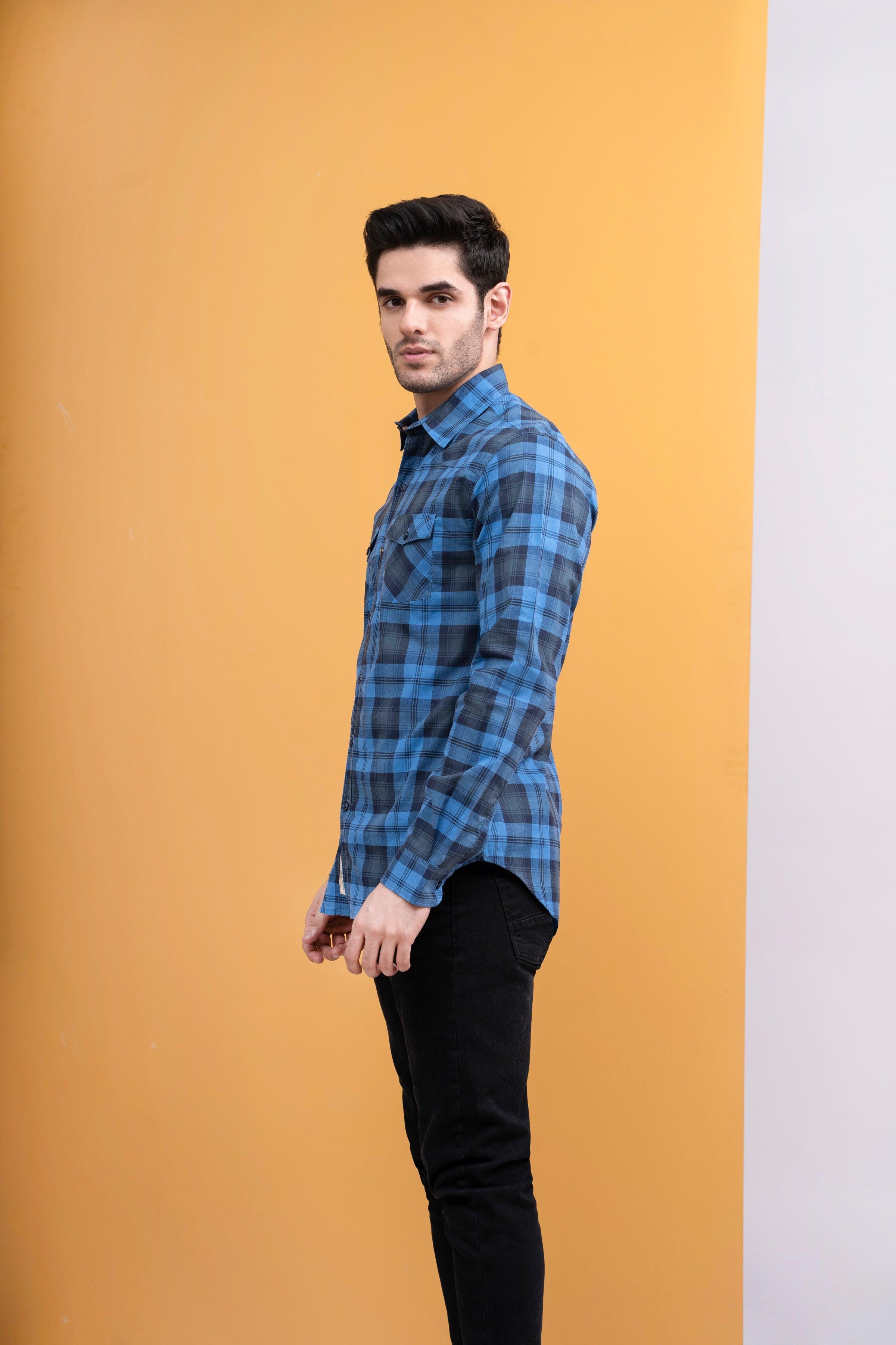CASUAL SHIRT FRONT PANNEL DOUBLE POCKET BLUE CHECK at Charcoal Clothing