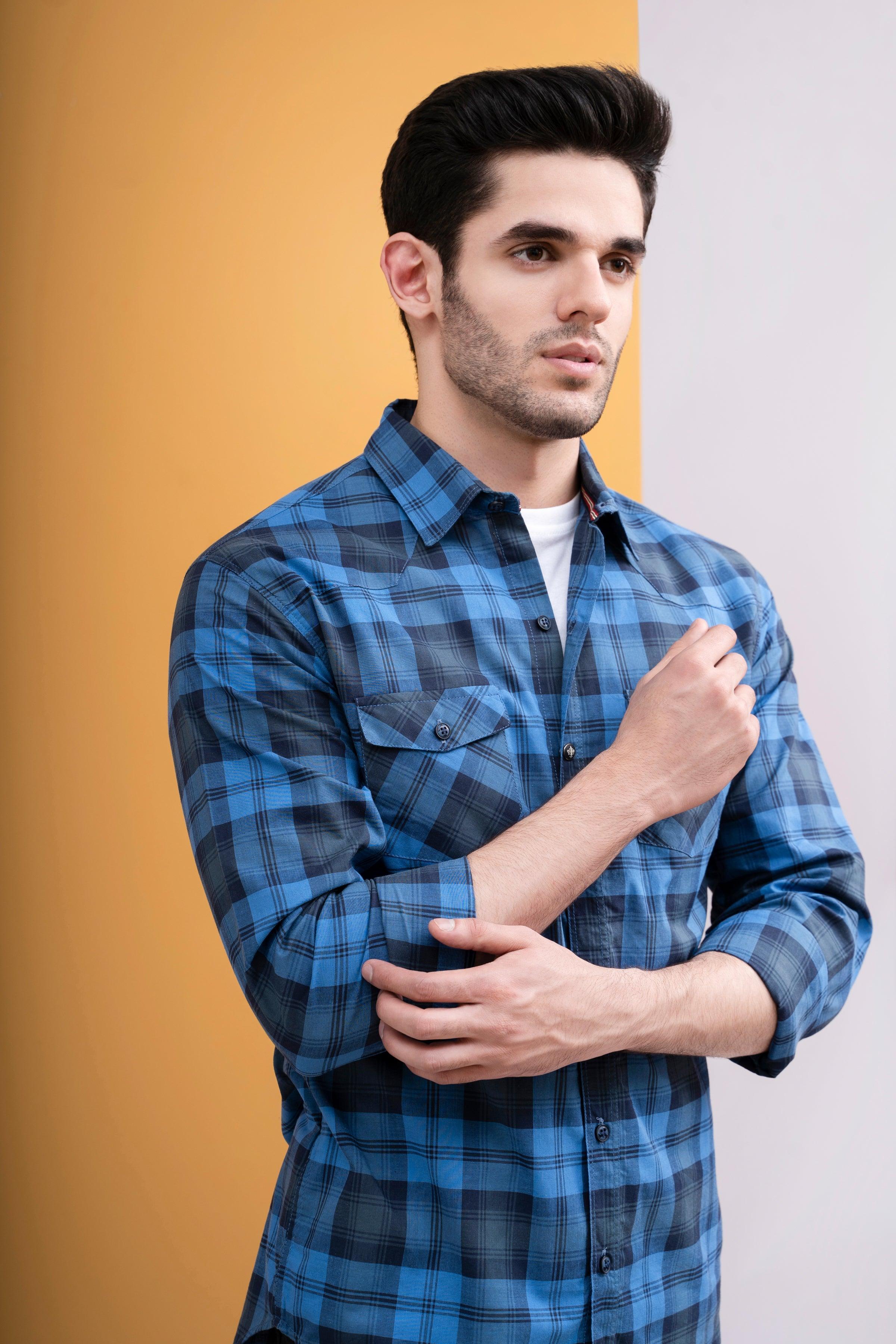 Shop CASUAL SHIRT FRONT PANNEL DOUBLE POCKET BLUE CHECK For Men Online