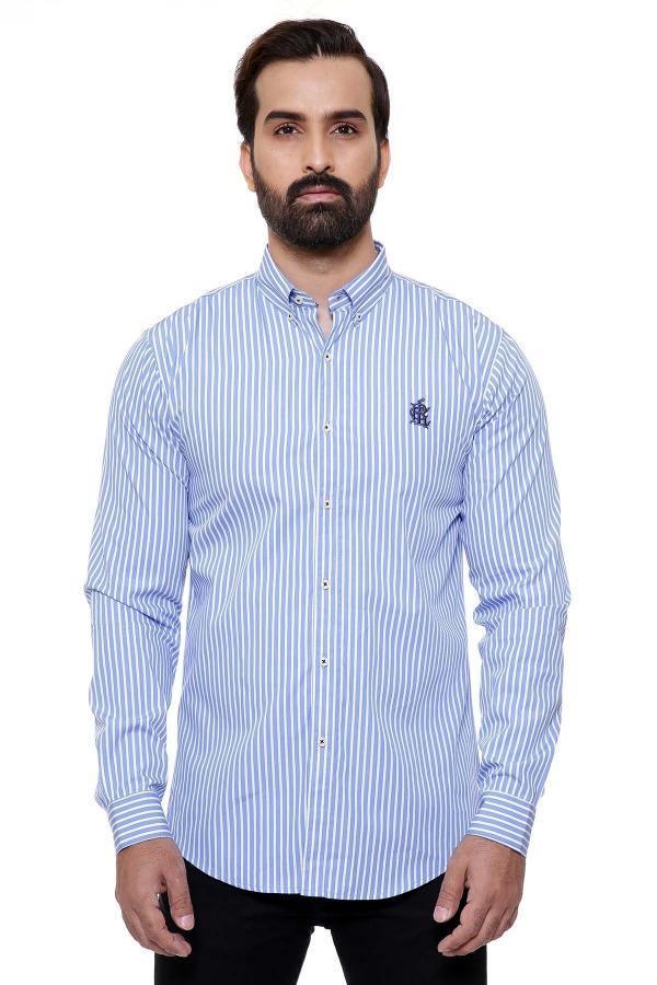 CASUAL SHIRT FULL SLEEVE BLUE WHITE LINE SLIM FIT at Charcoal Clothing
