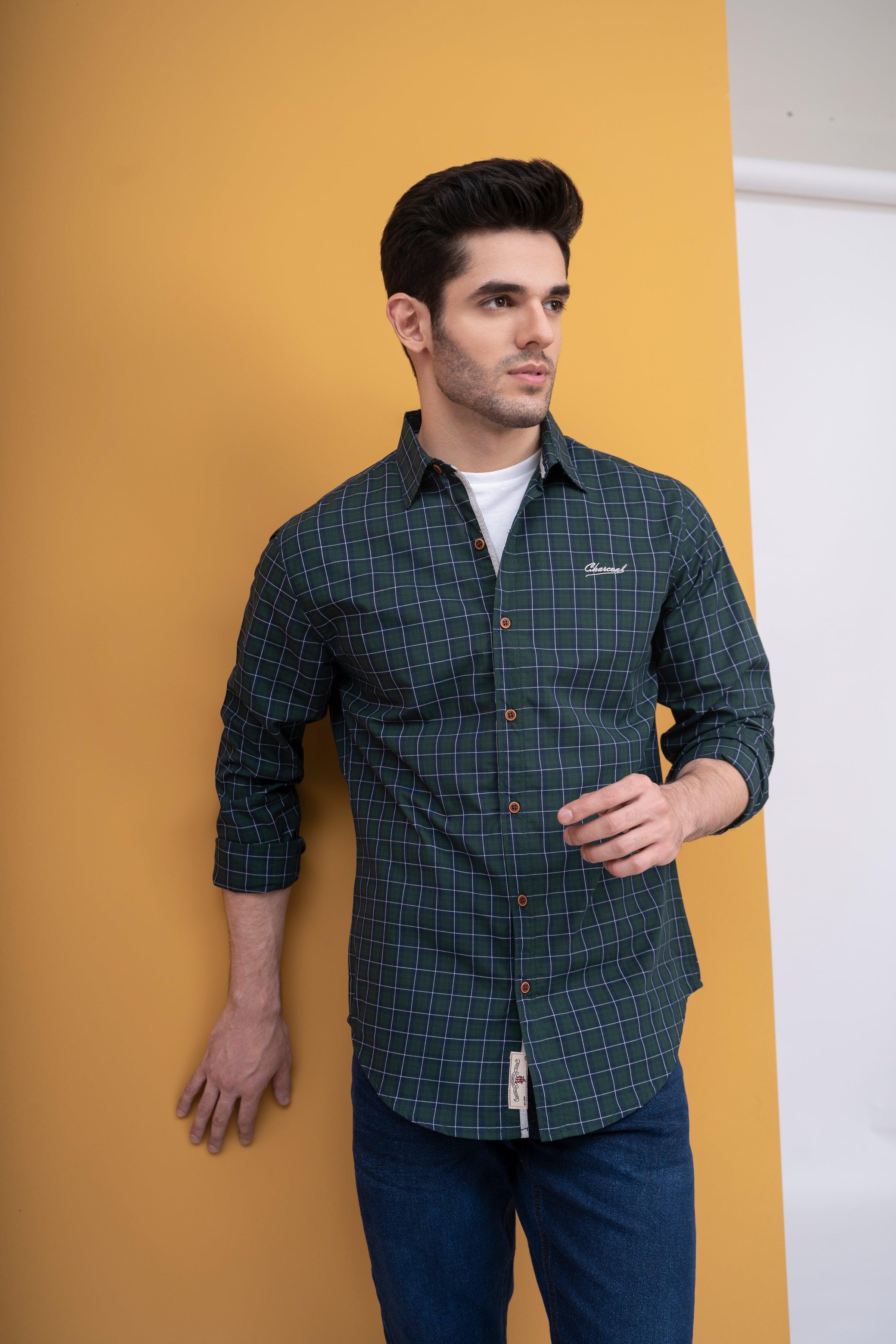 CASUAL SHIRT  FULL SLEEVE GREEN at Charcoal Clothing