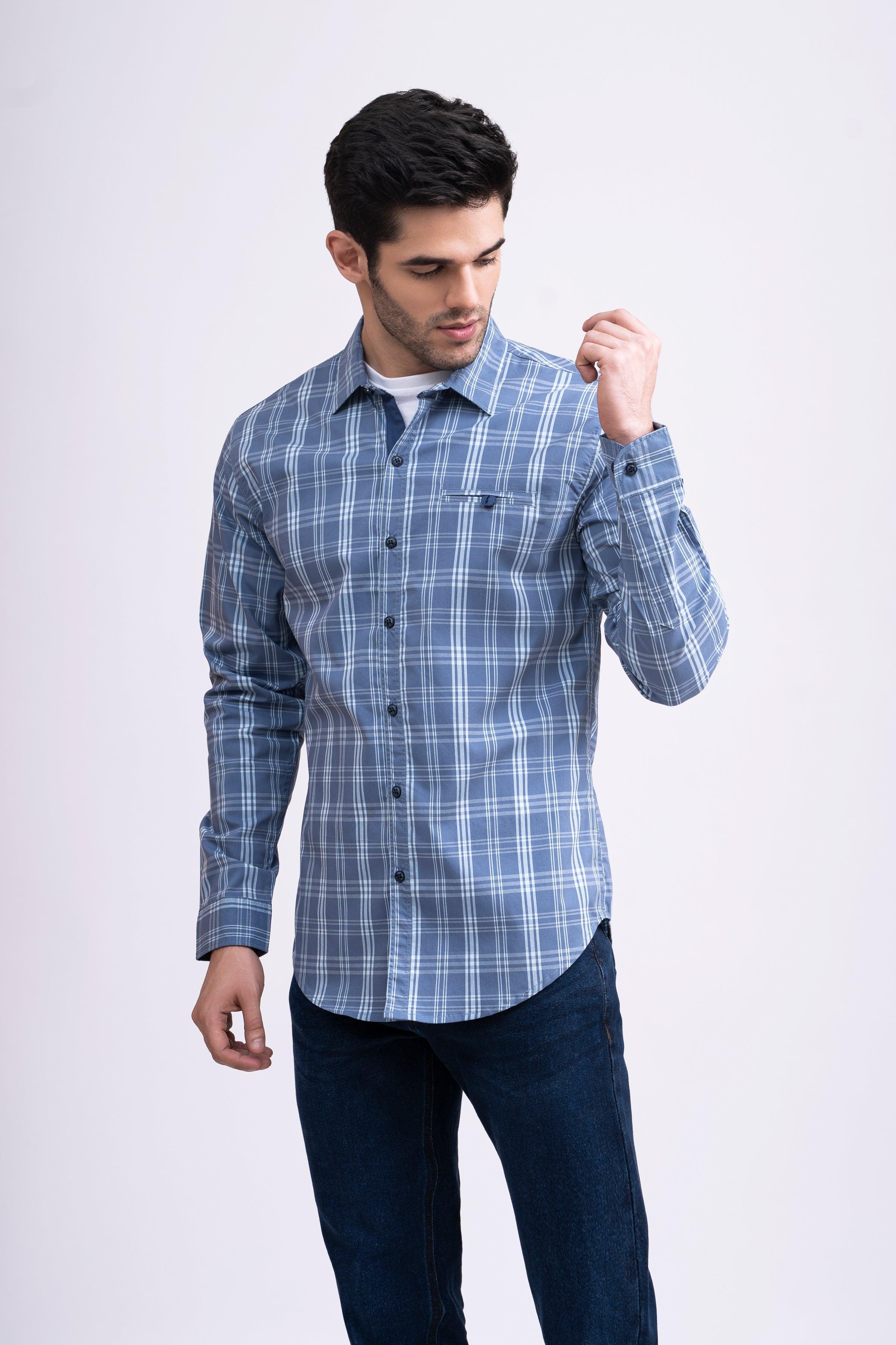 CASUAL SHIRT FULL SLEEVE LIGHT BLUE CHECK at Charcoal Clothing