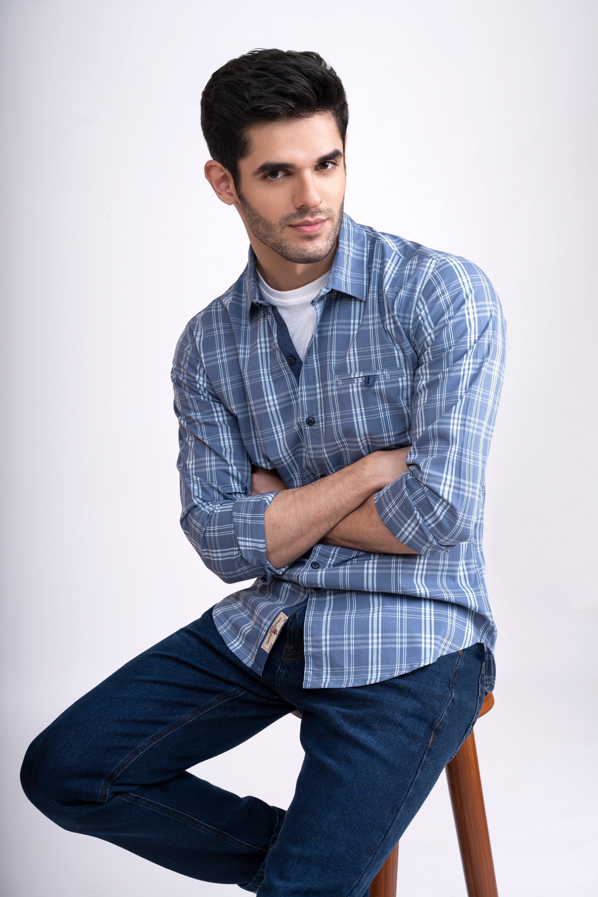 CASUAL SHIRT FULL SLEEVE LIGHT BLUE CHECK at Charcoal Clothing