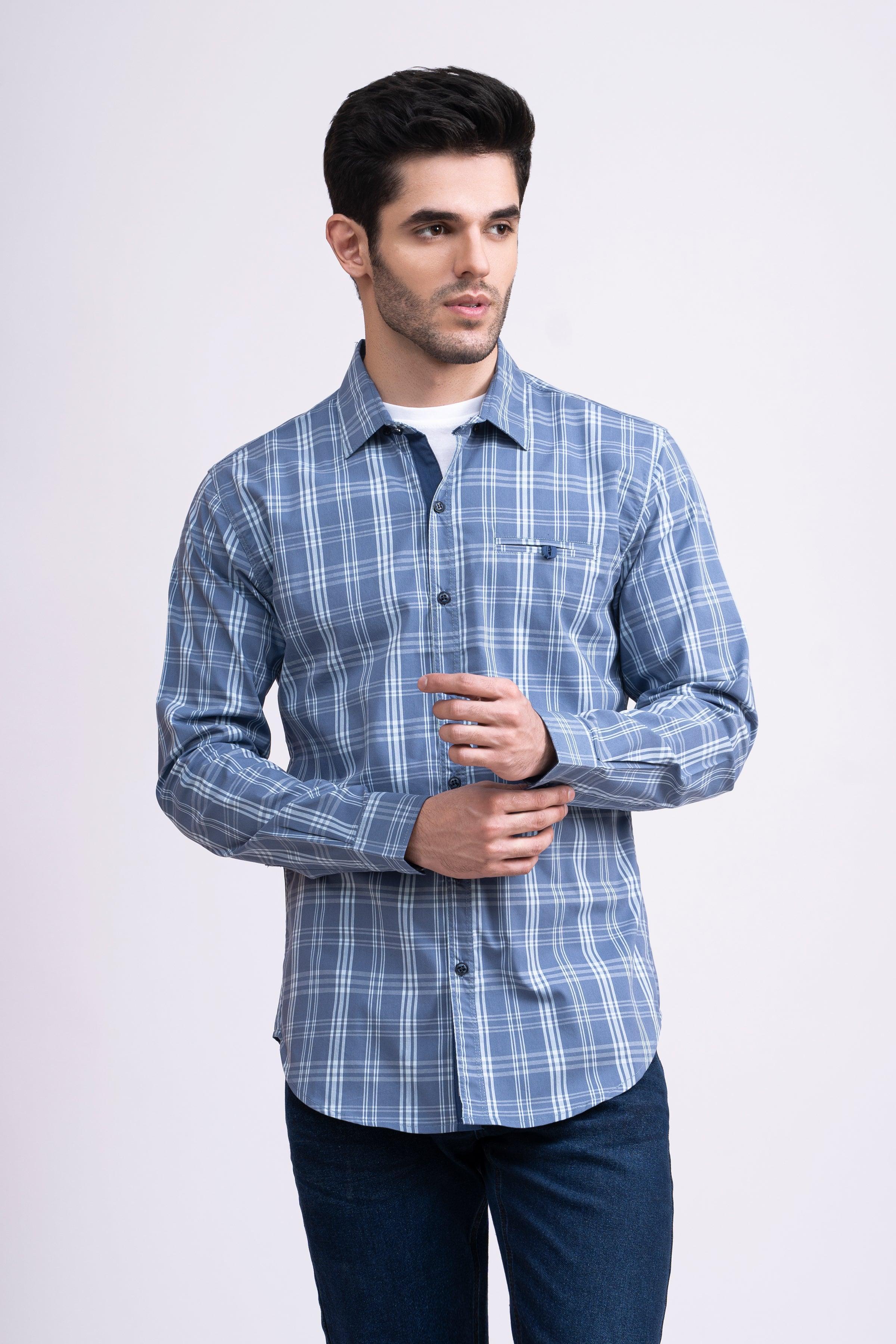 CASUAL SHIRT FULL SLEEVE LIGHT BLUE CHECK at Charcoal Clothing