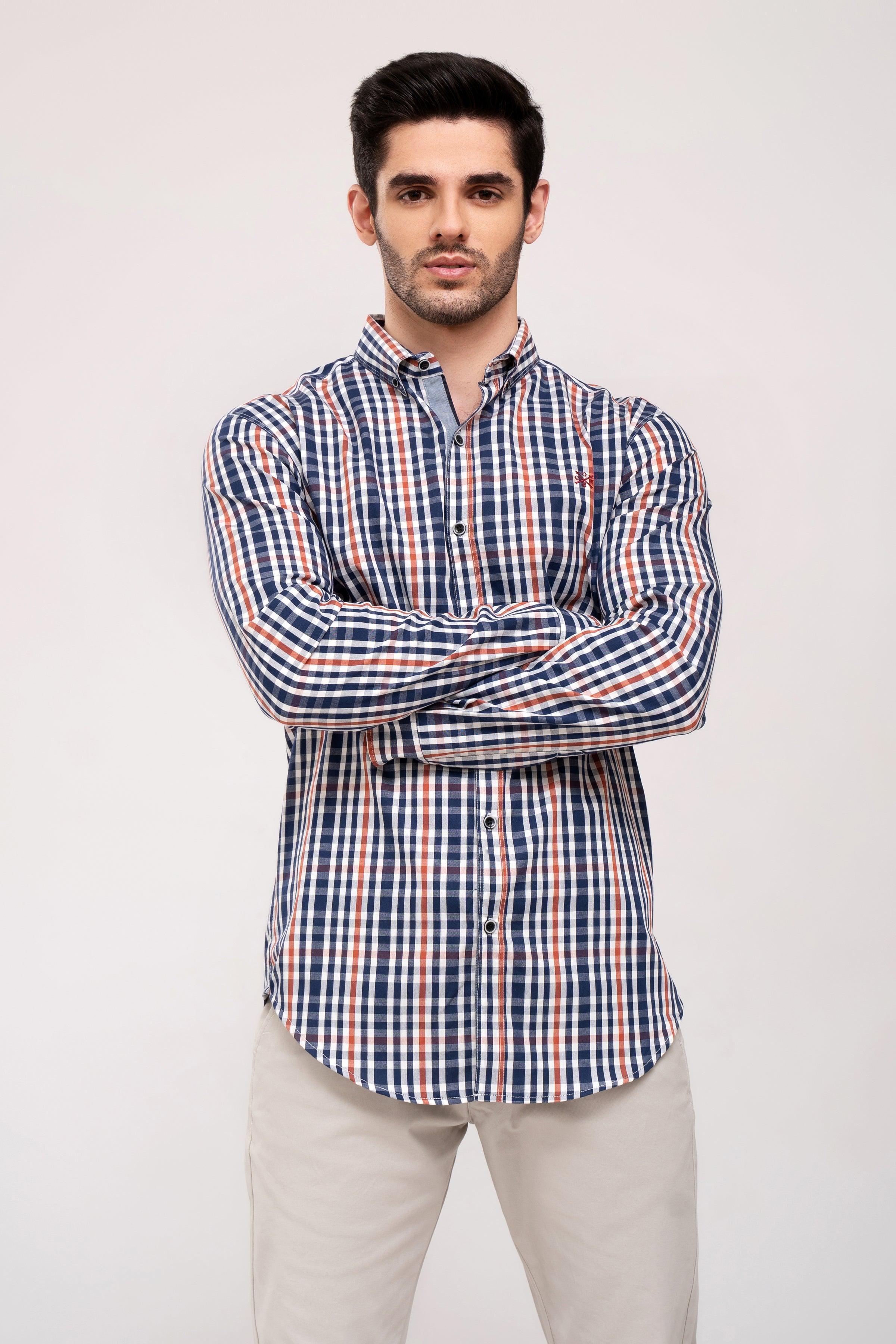 CASUAL SHIRT FULL SLEEVE NAVY WHITE CHECK at Charcoal Clothing