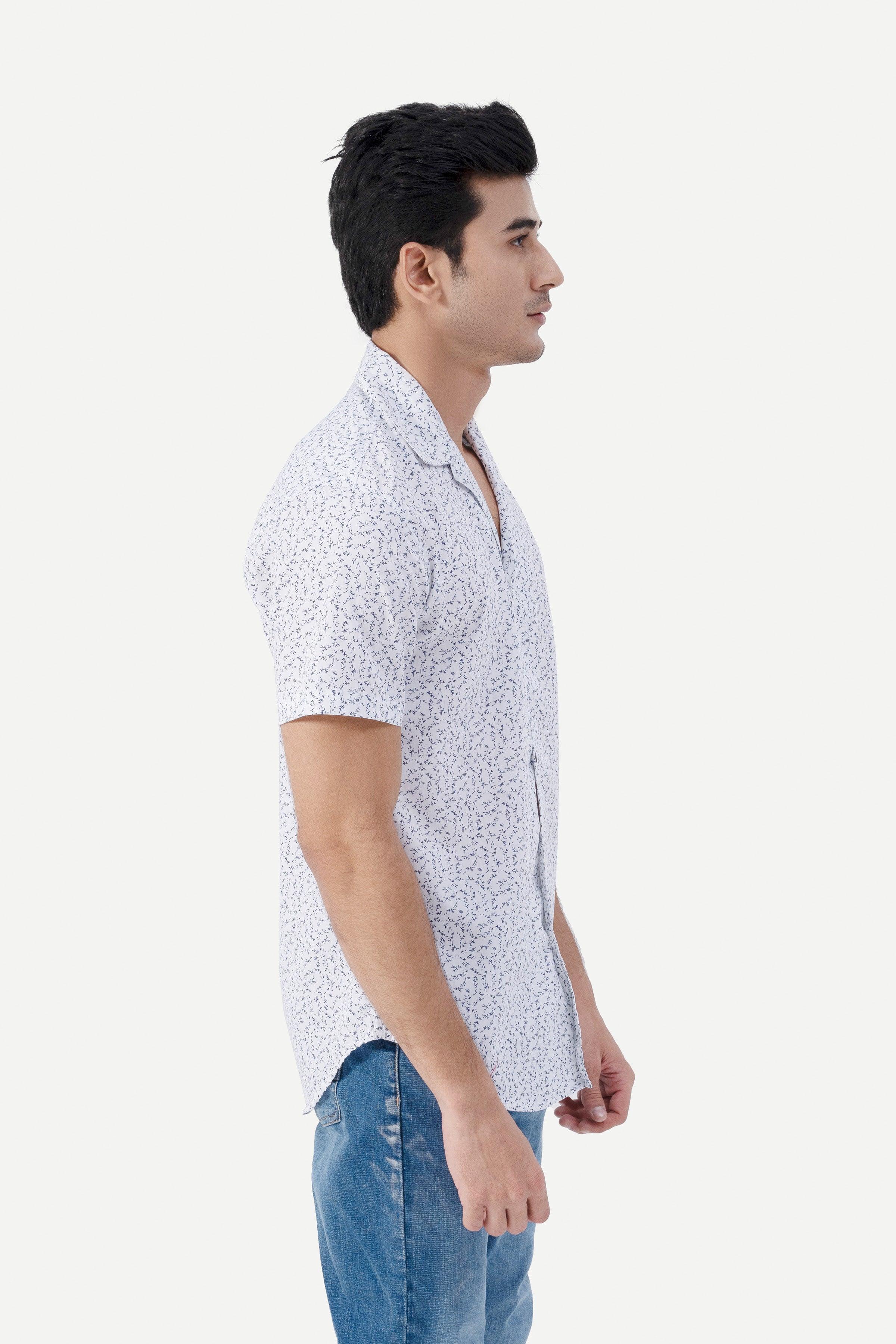 CASUAL SHIRT HALF SLEEVE CUBIN COLLAR WHITE at Charcoal Clothing