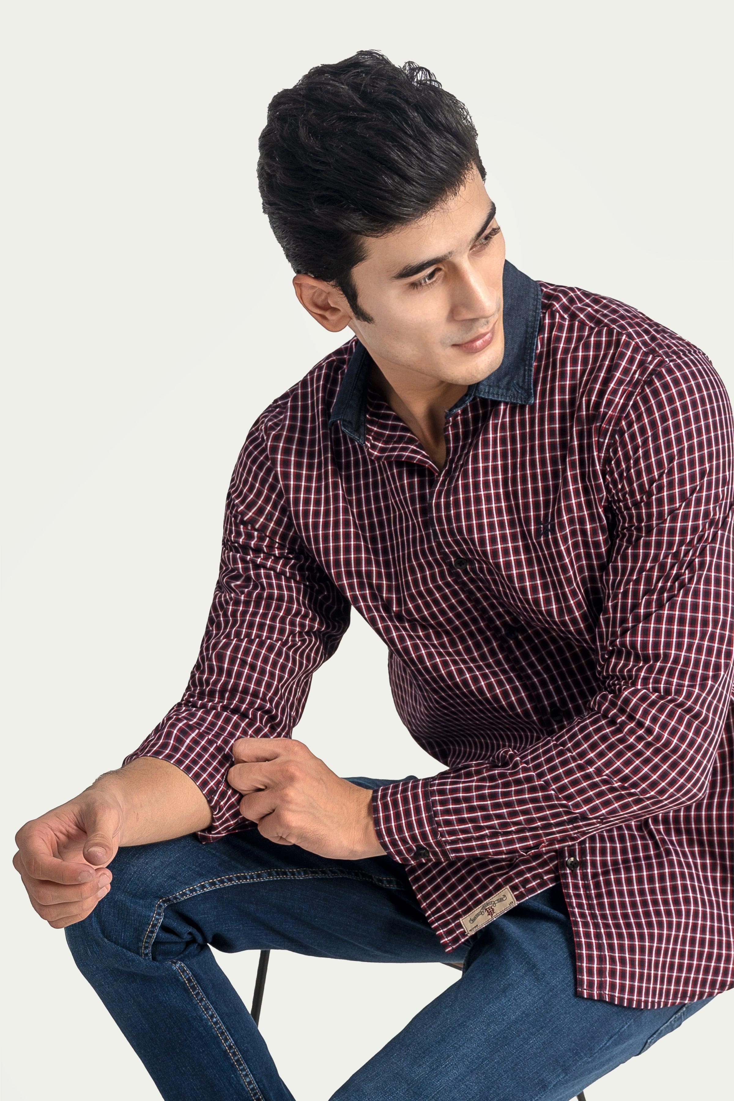 CASUAL SHIRT NAVY MAROON CHECK at Charcoal Clothing