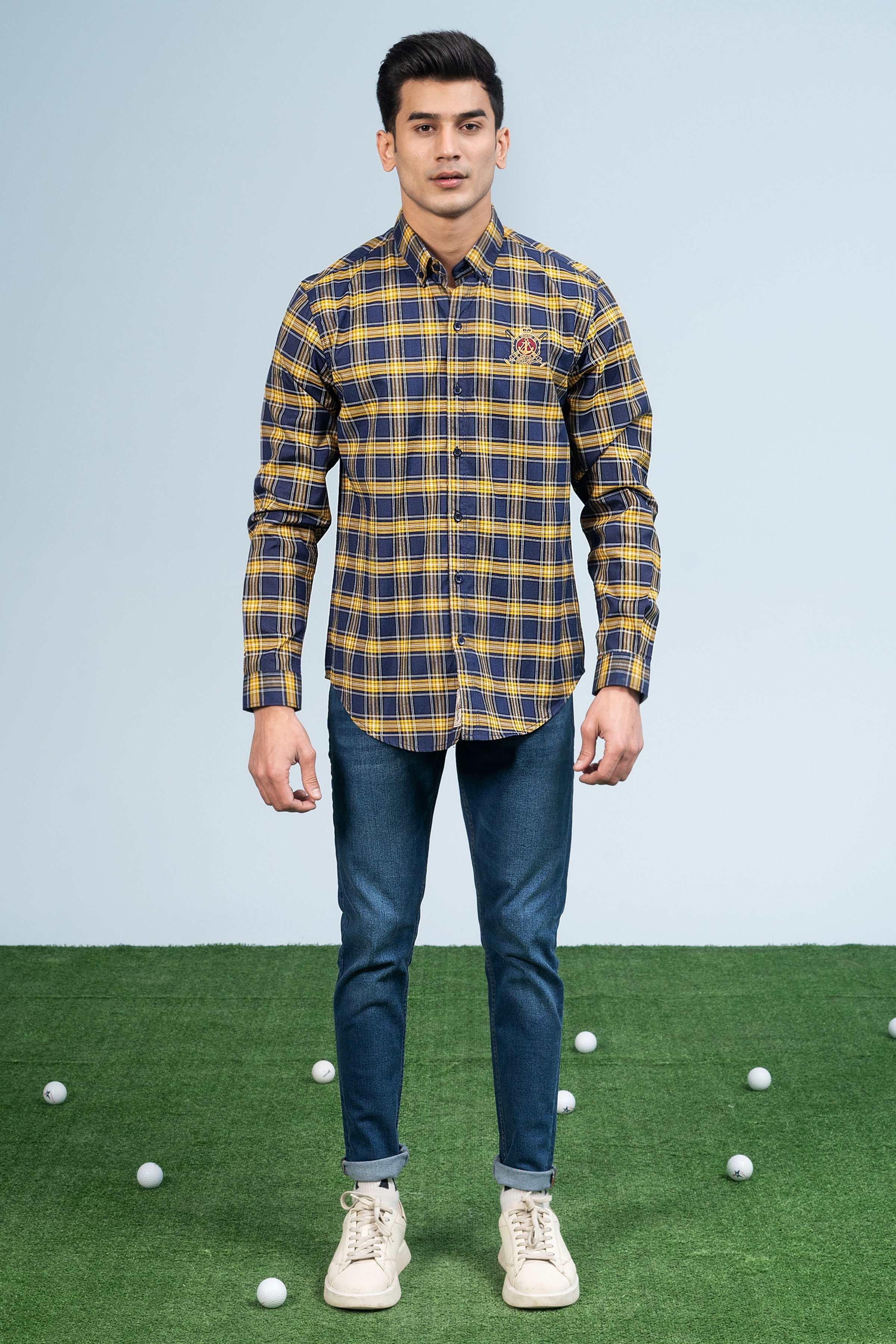 Clothing Yellow Checkered Shirt Shop CASUAL SHIRT NAVY YELLOW