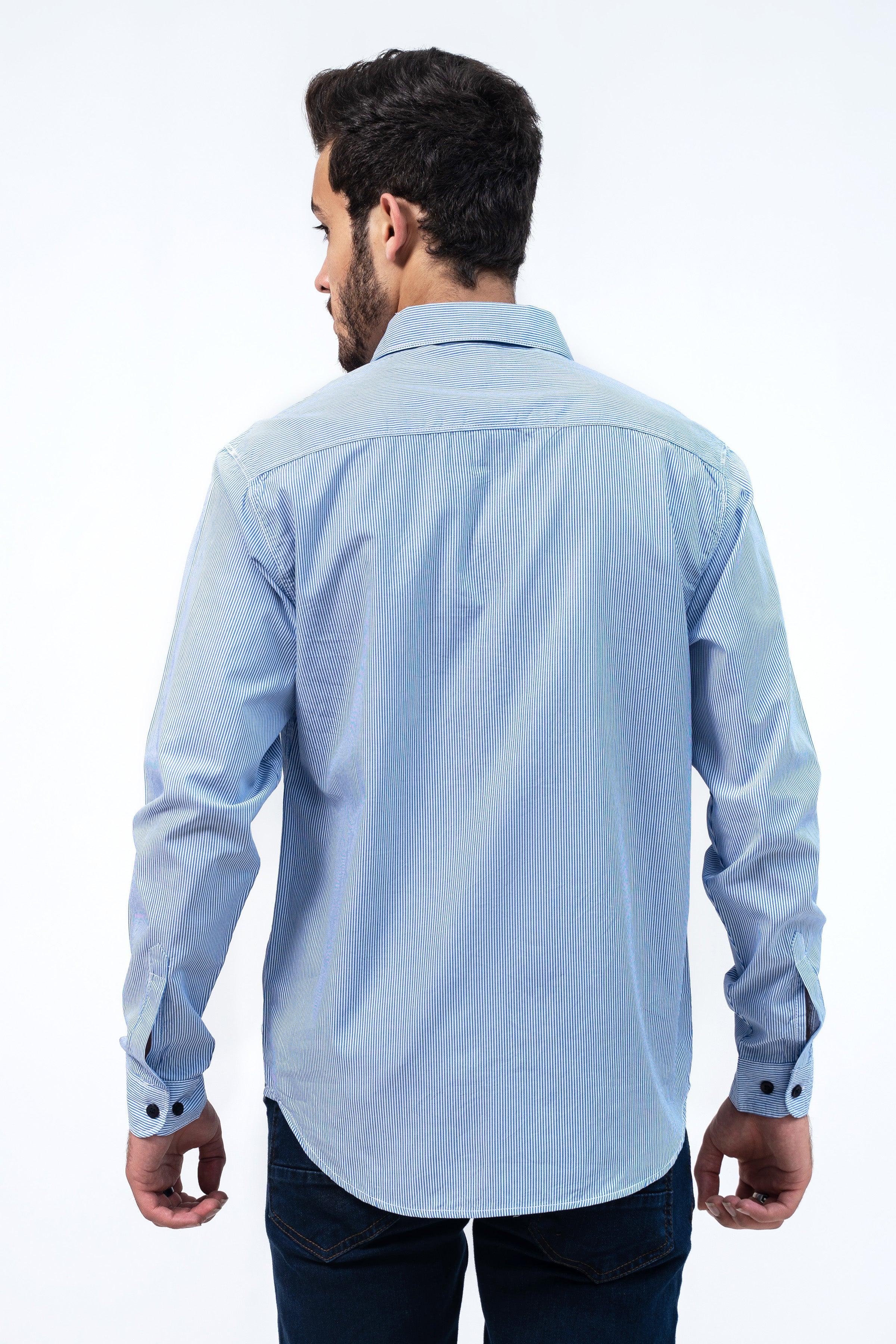 CASUAL SHIRT WHITE BLUE PIN STRIPES at Charcoal Clothing