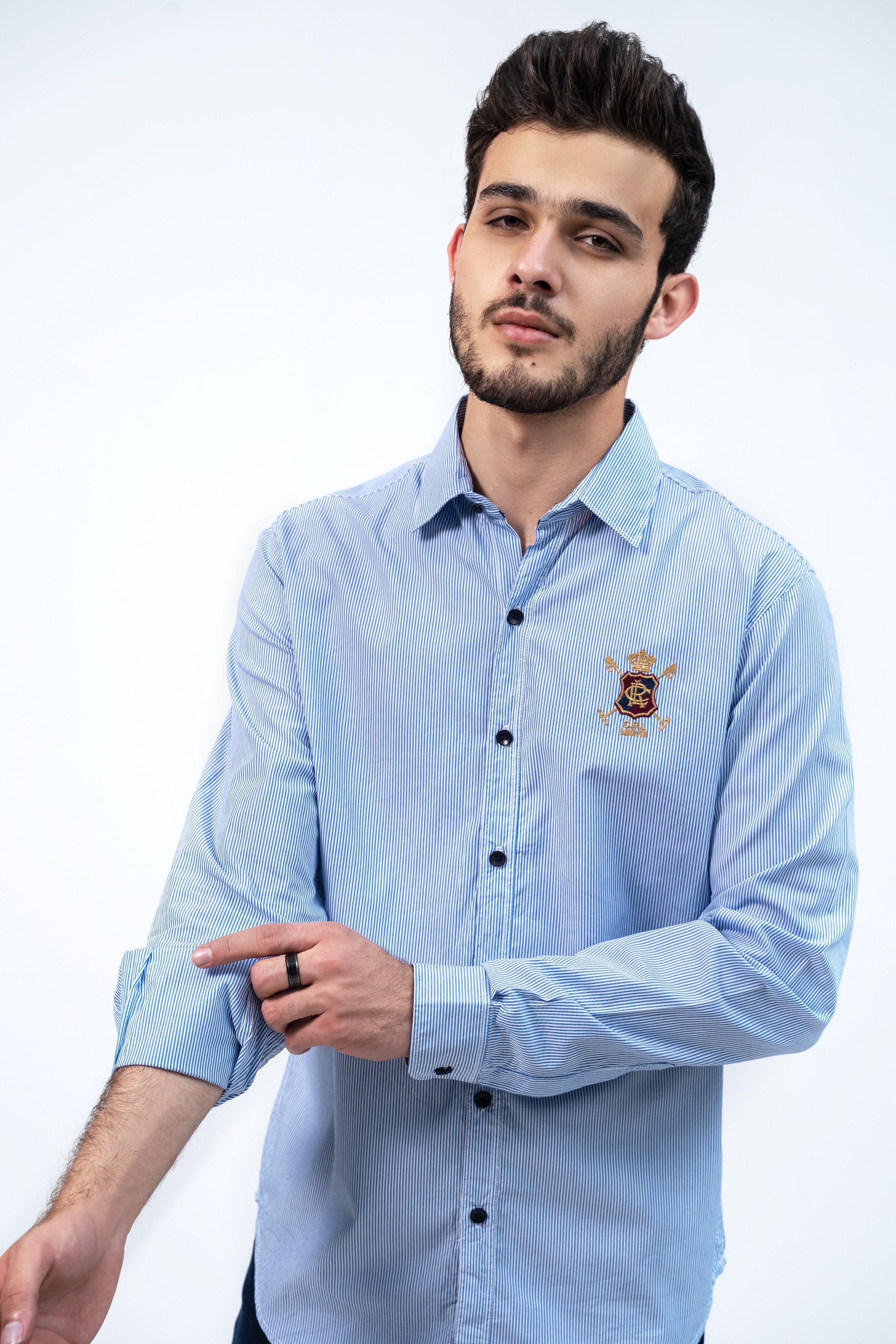 CASUAL SHIRT WHITE BLUE PIN STRIPES at Charcoal Clothing