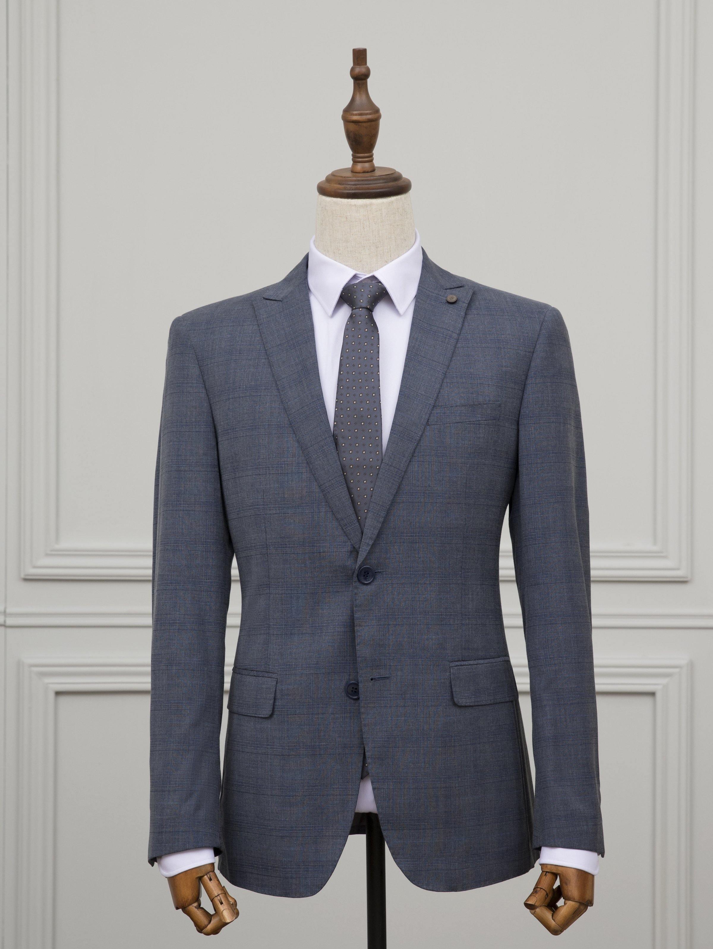 CHECK SUIT 2 BUTTON BLUE GREY at Charcoal Clothing