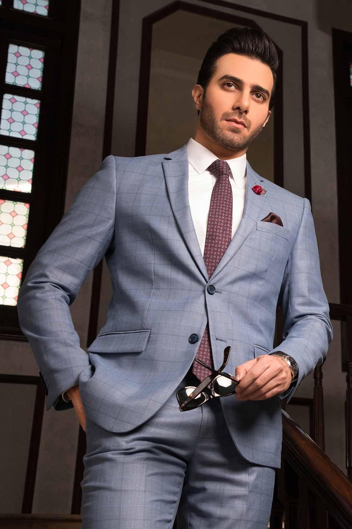CHECK SUIT 2 BUTTON SKY BLUE at Charcoal Clothing