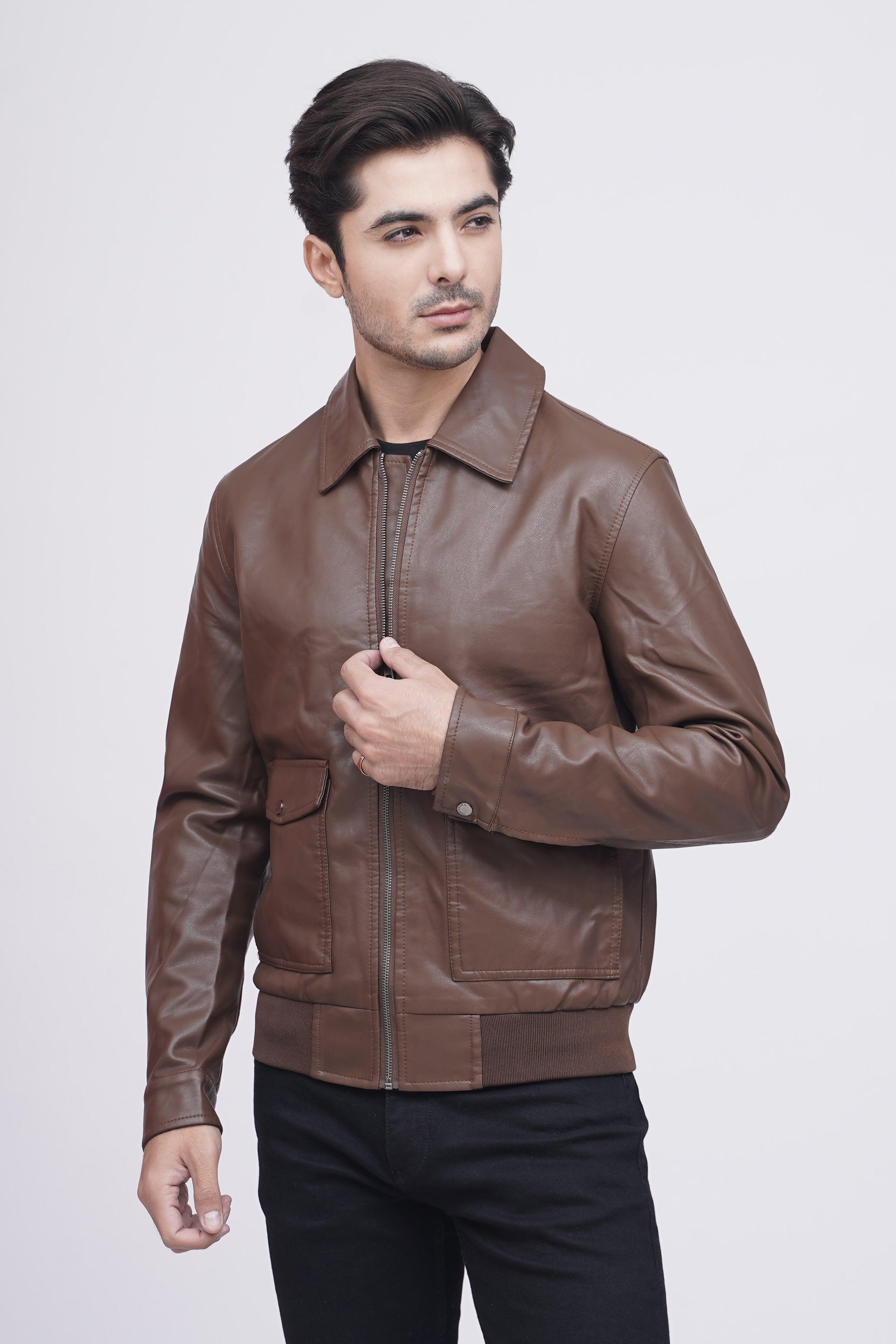 COLLAR PU LEATHER JACKET BROWN at Charcoal Clothing