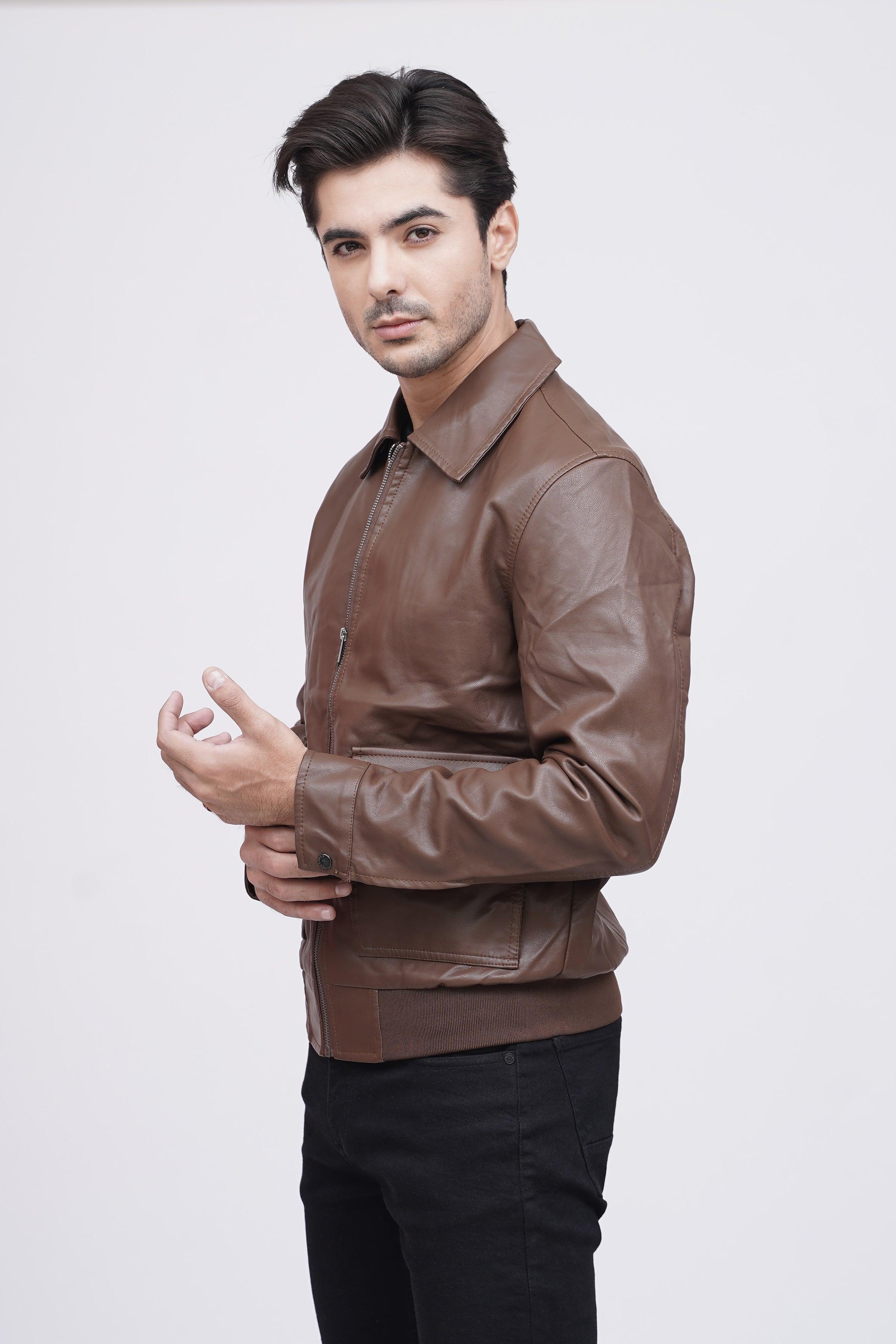 COLLAR PU LEATHER JACKET BROWN at Charcoal Clothing
