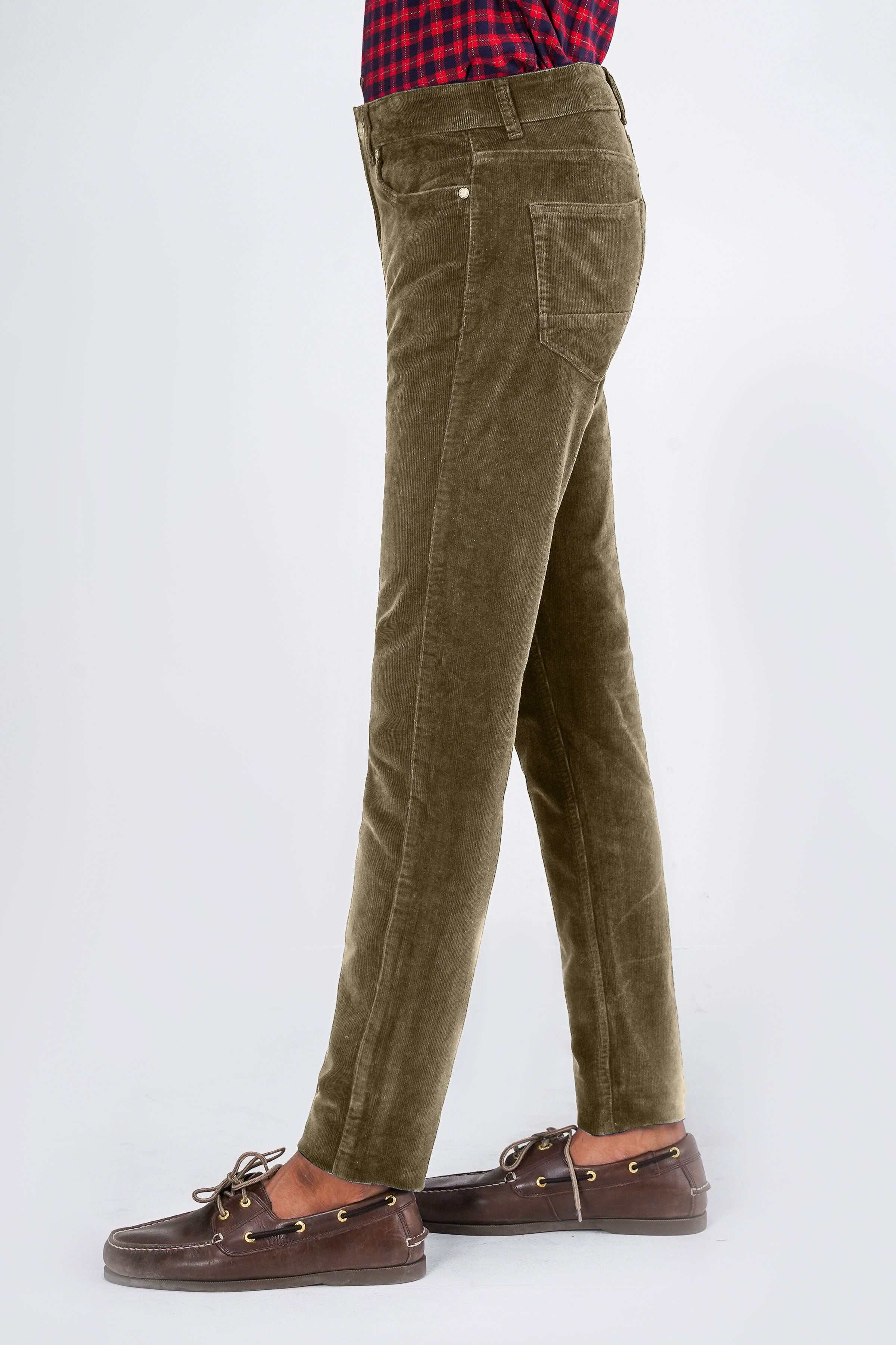Dark khaki corduroy 5-pocket pants with button front and straight leg, belt loops.