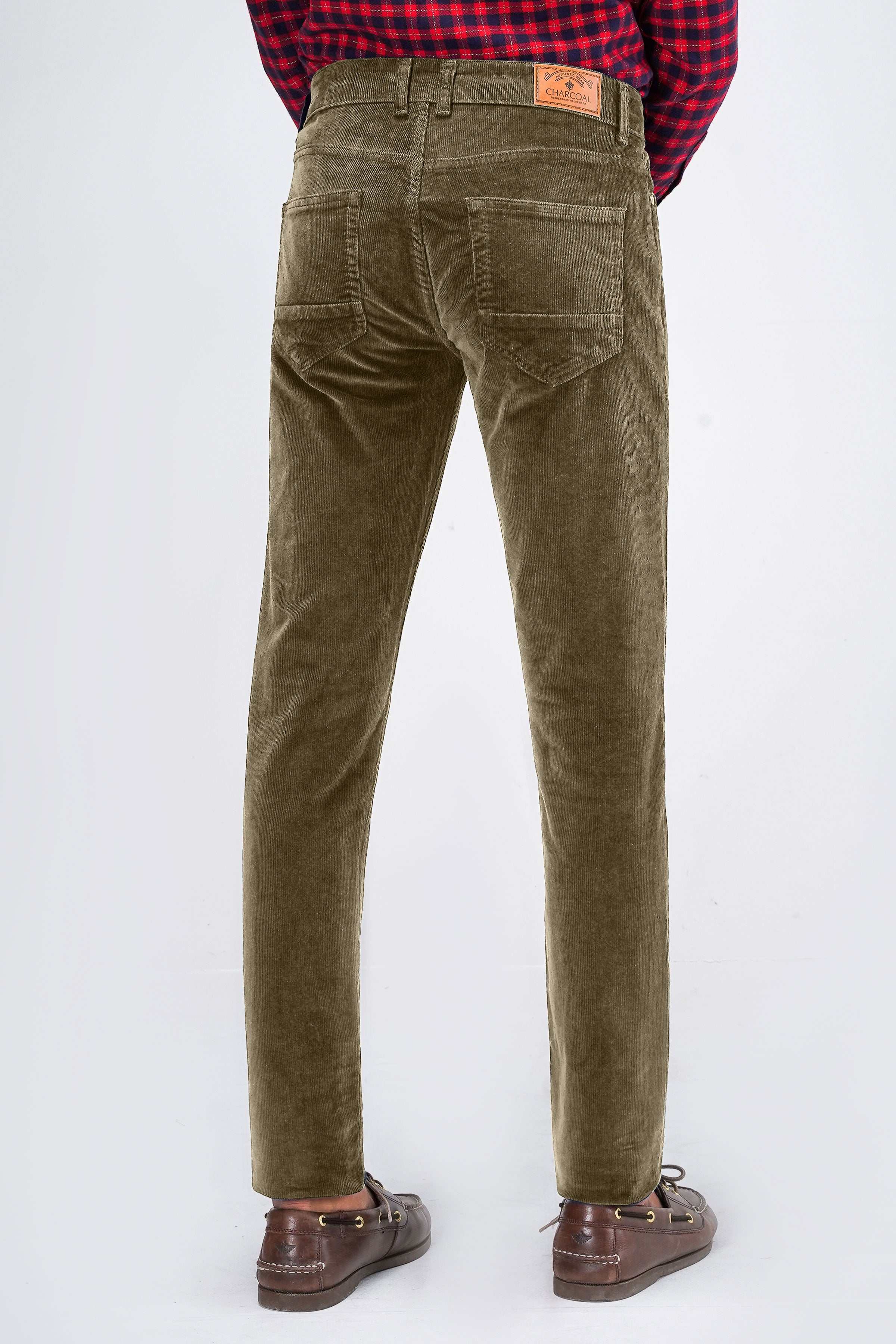 Dark khaki corduroy 5-pocket pants back view, classic yoke and back pockets.