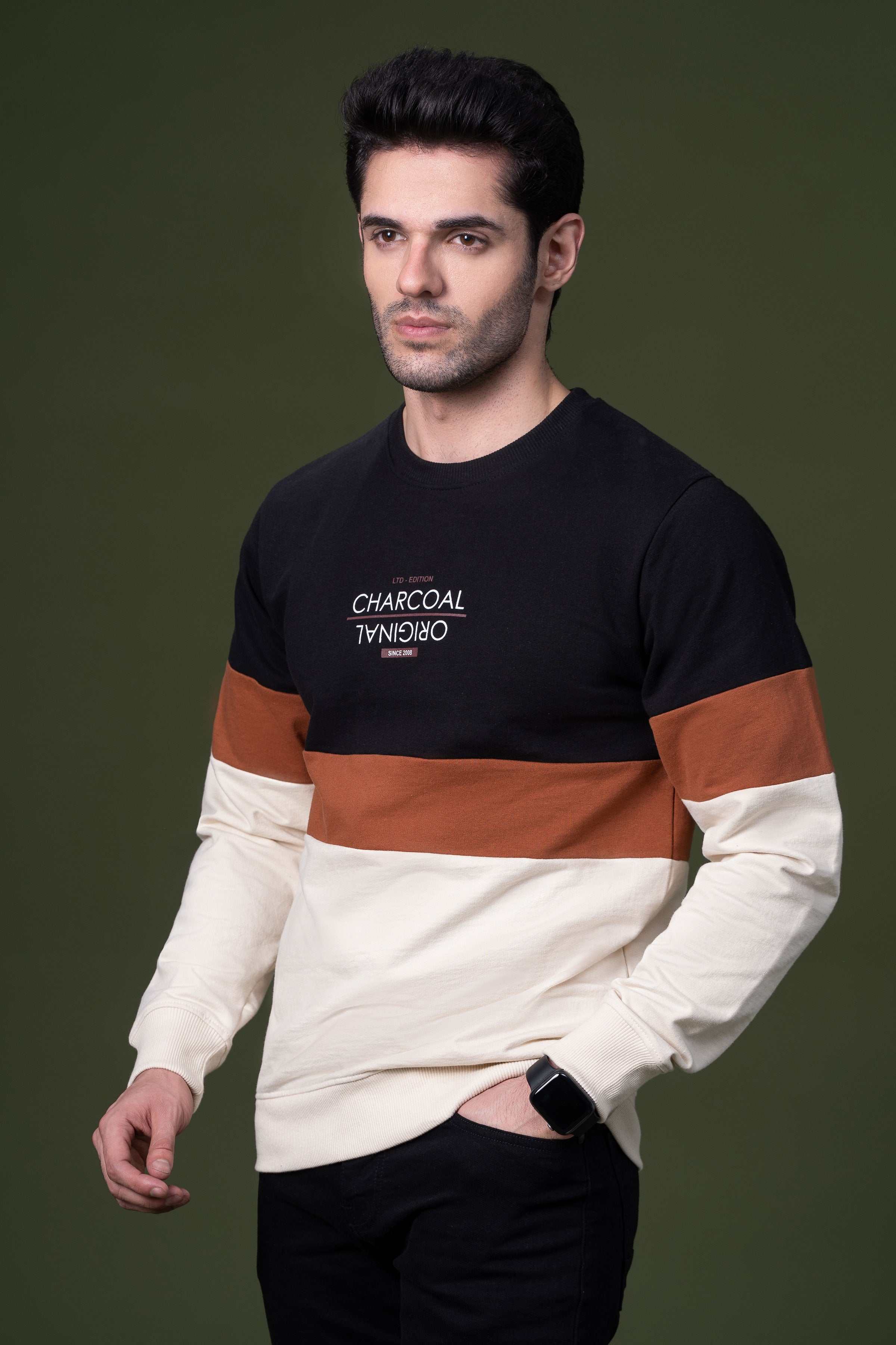 CUT AND SEW SWEAT SHIRT BLACK RUST at Charcoal Clothing