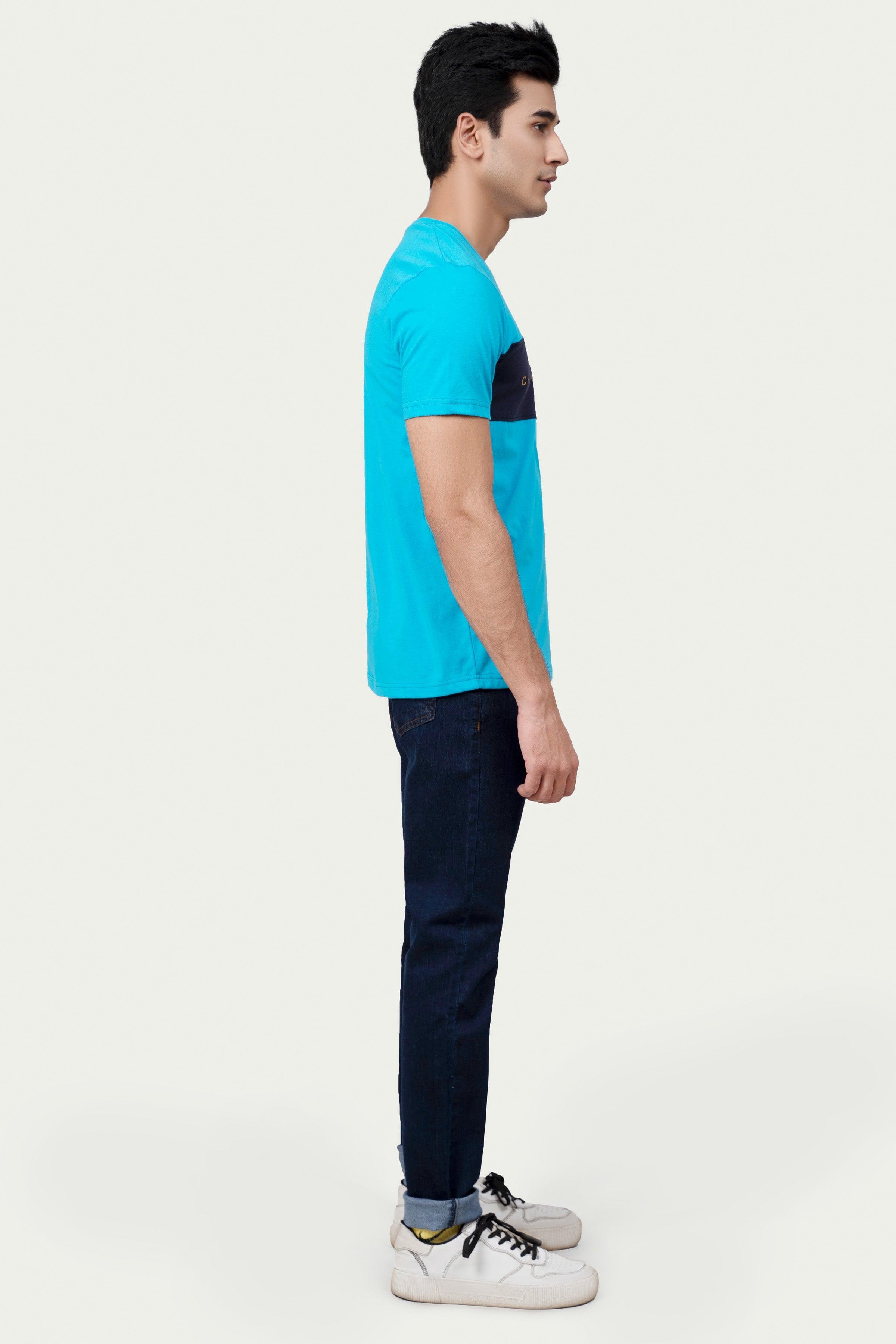 CUT & SEW PANEL T-SHIRT BLUE at Charcoal Clothing