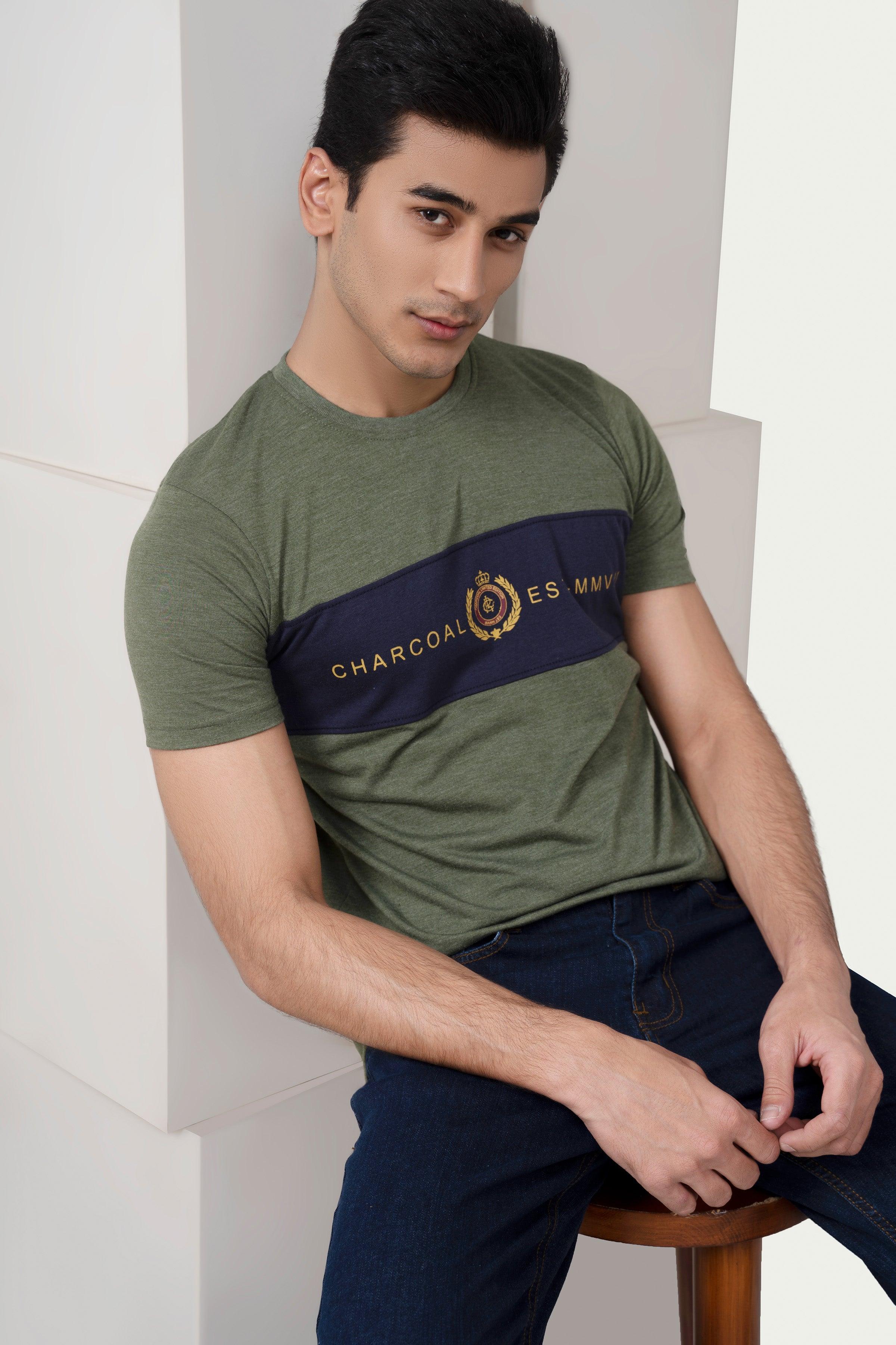 CUT & SEW PANEL T-SHIRT GREEN at Charcoal Clothing