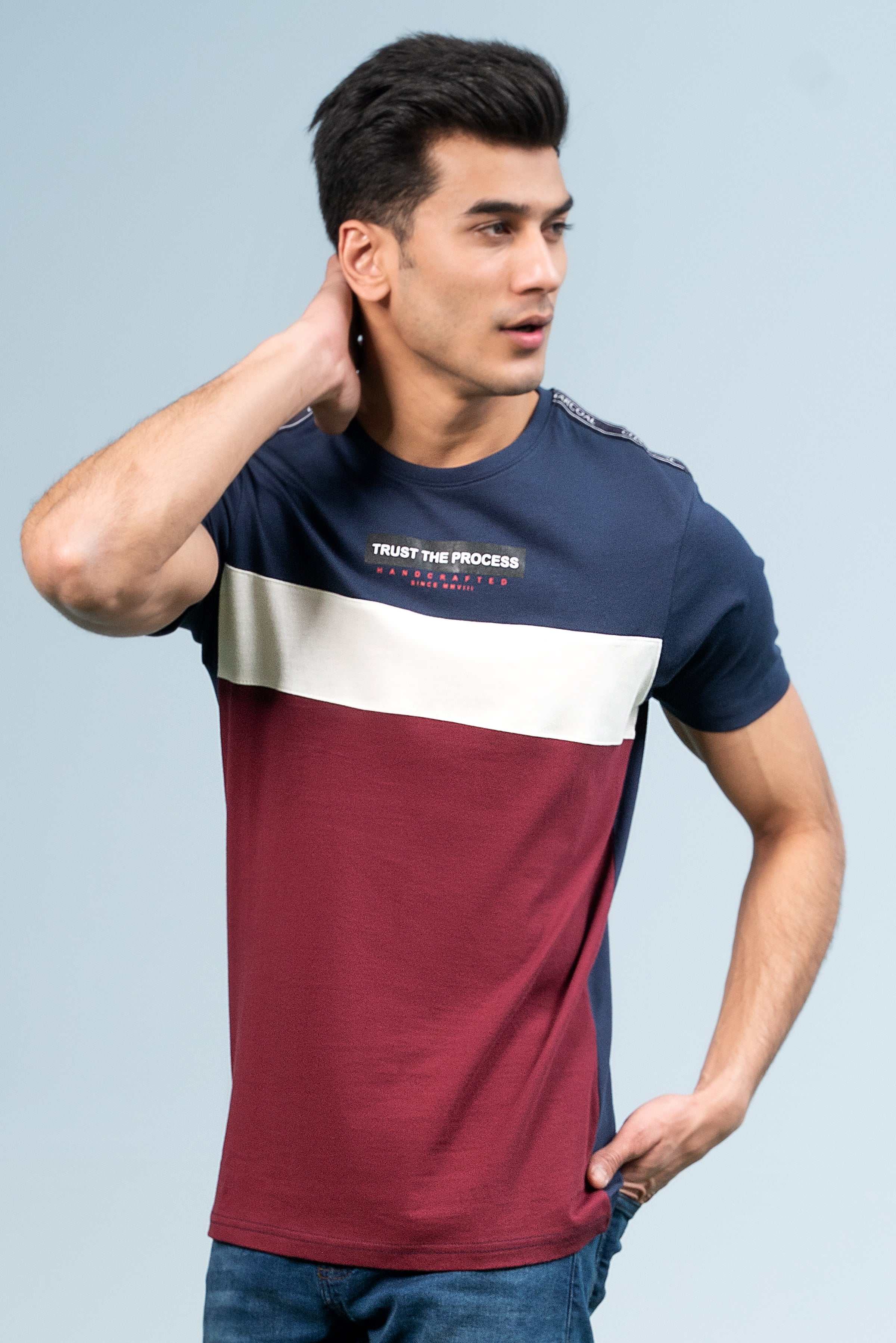 CUT & SEW PANNEL T-SHIRT NAVY at Charcoal Clothing