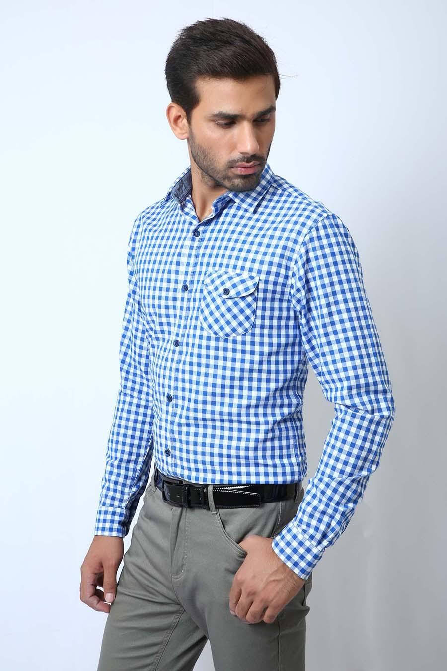 Casual Shirt Full Sleeves Blue White Check at Charcoal Clothing