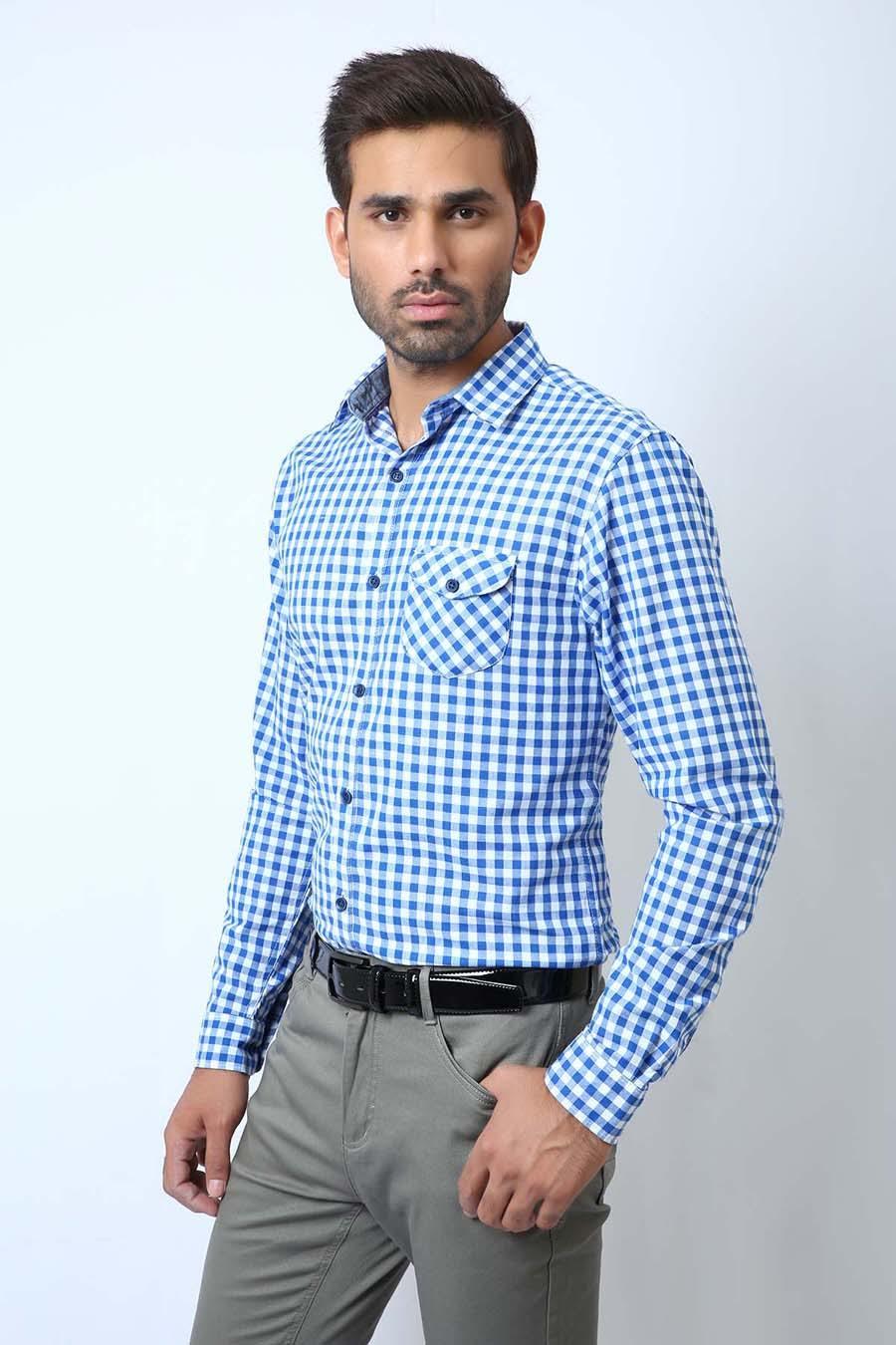 Casual Shirt Full Sleeves Blue White Check at Charcoal Clothing