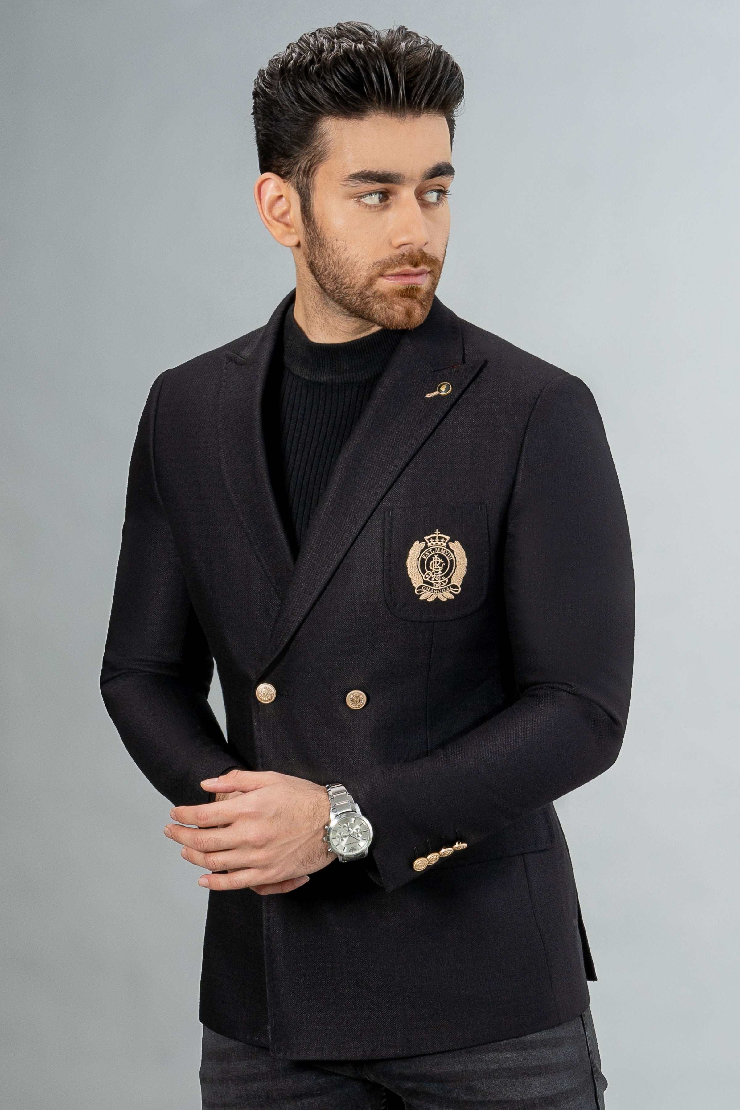 DOUBLE BREASTED COAT BLACK at Charcoal Clothing