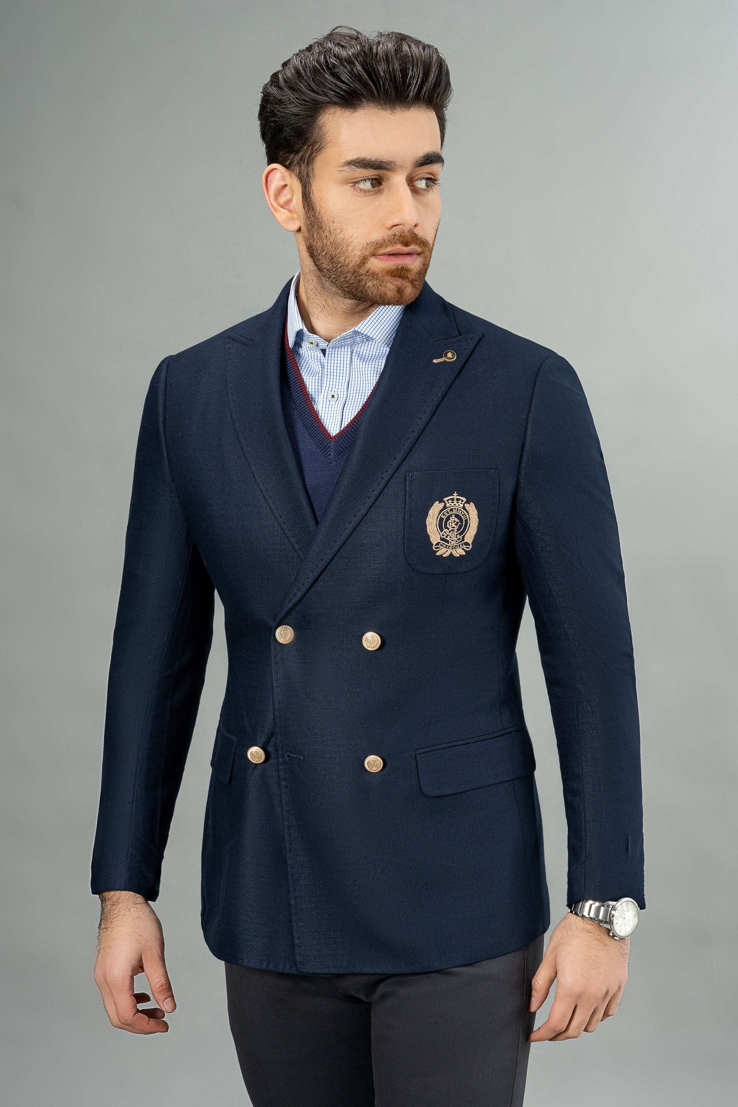 DOUBLE BREASTED COAT NAVY at Charcoal Clothing