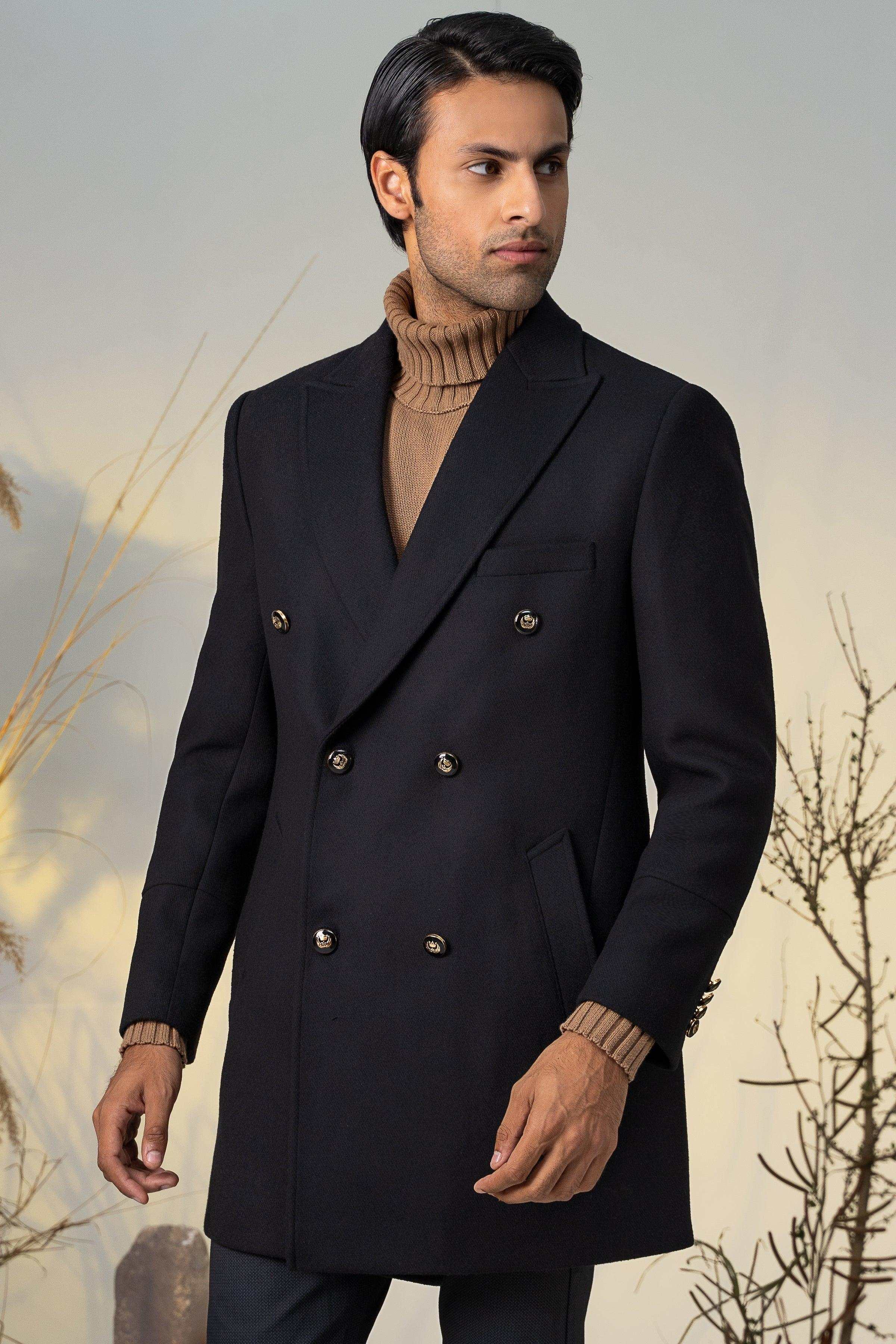 DOUBLE BREASTED LONG COAT BLACK at Charcoal Clothing