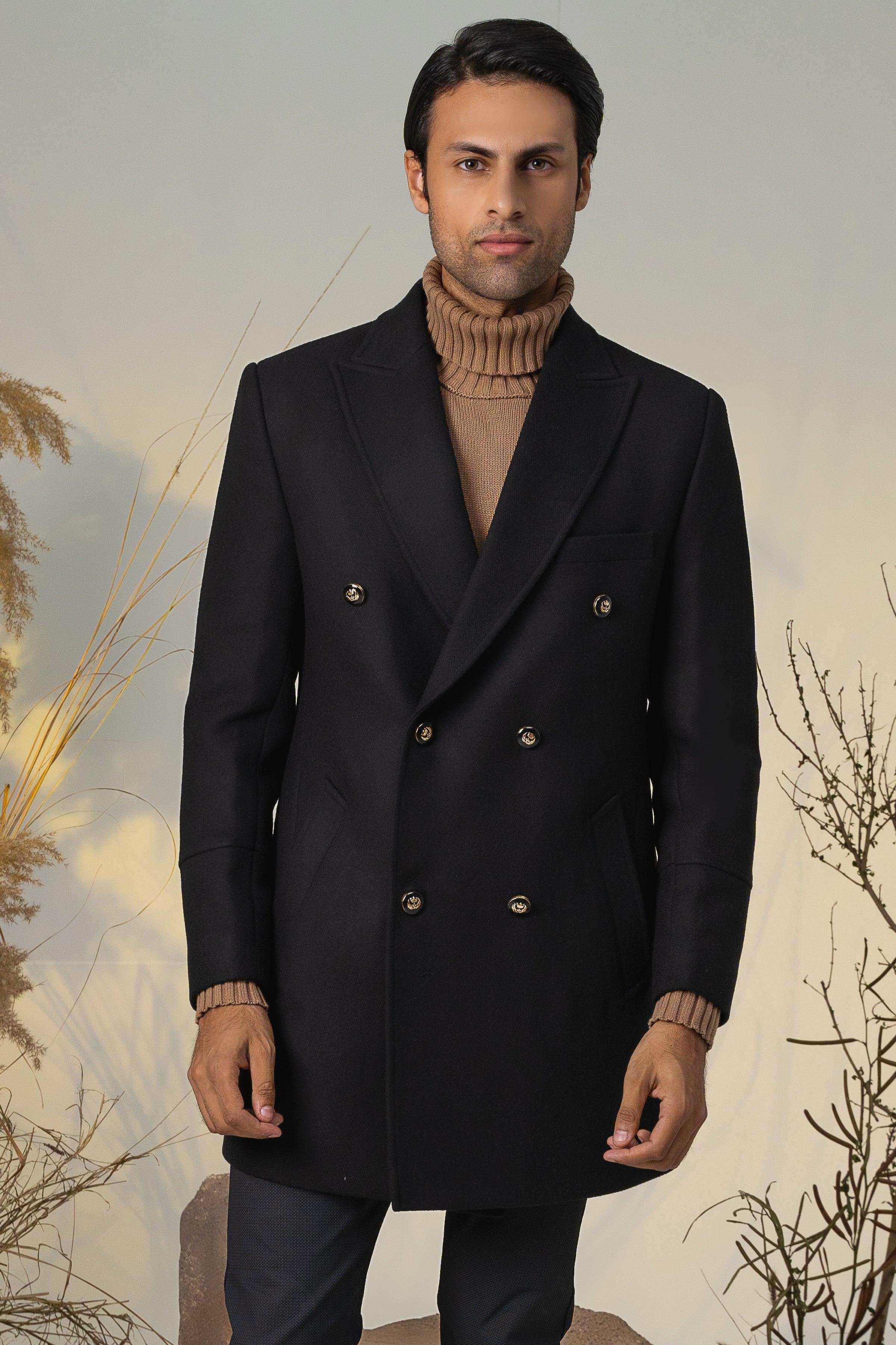 DOUBLE BREASTED LONG COAT BLACK at Charcoal Clothing