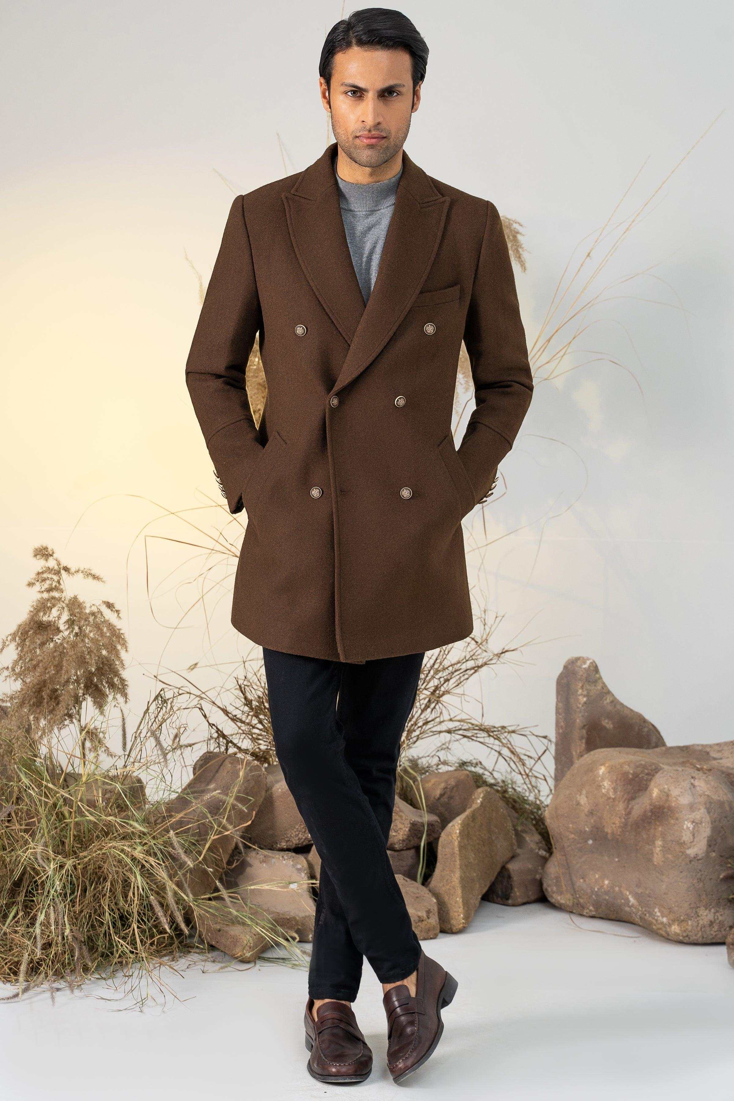 DOUBLE BREASTED LONG COAT DARK BROWN at Charcoal Clothing