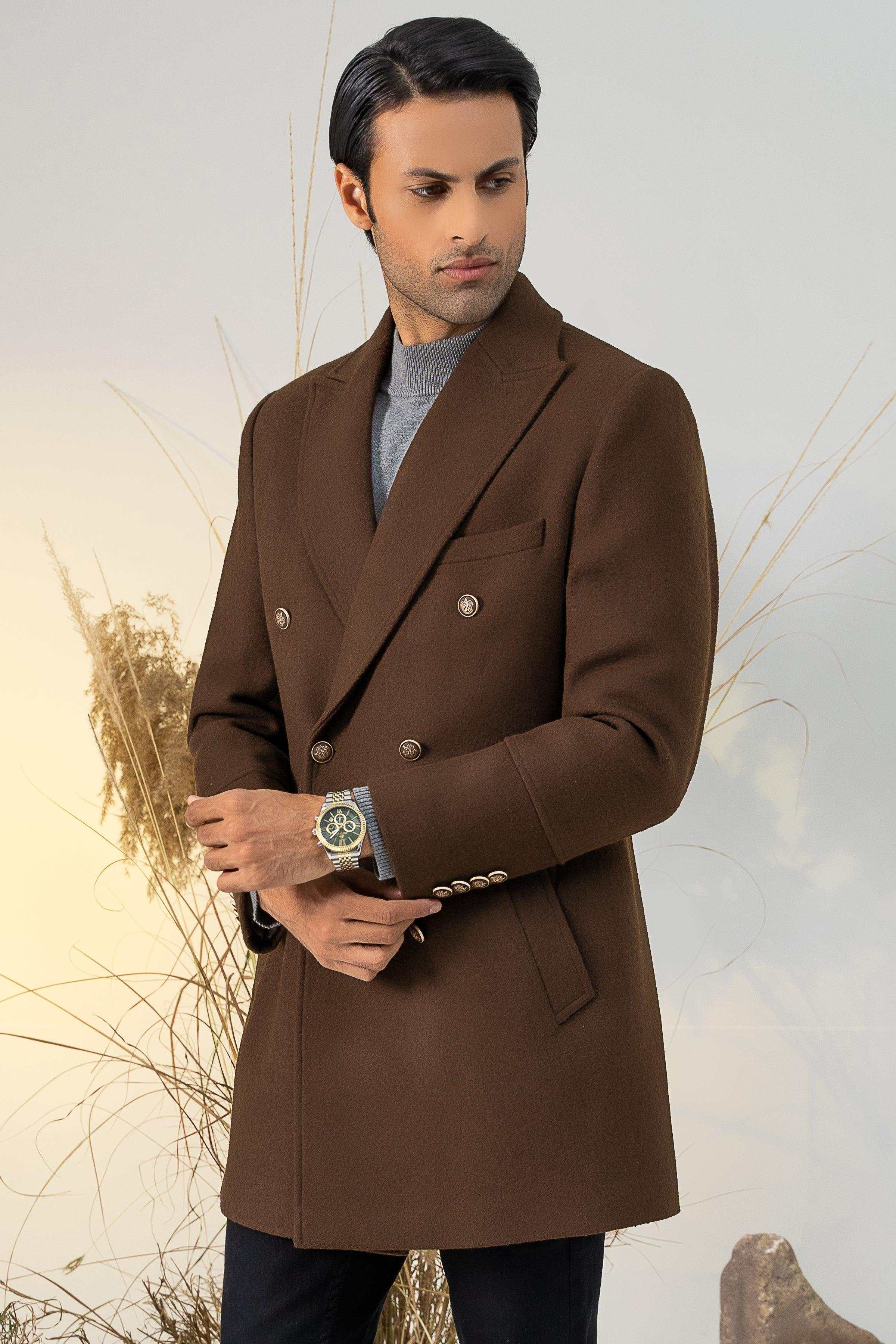 DOUBLE BREASTED LONG COAT DARK BROWN at Charcoal Clothing