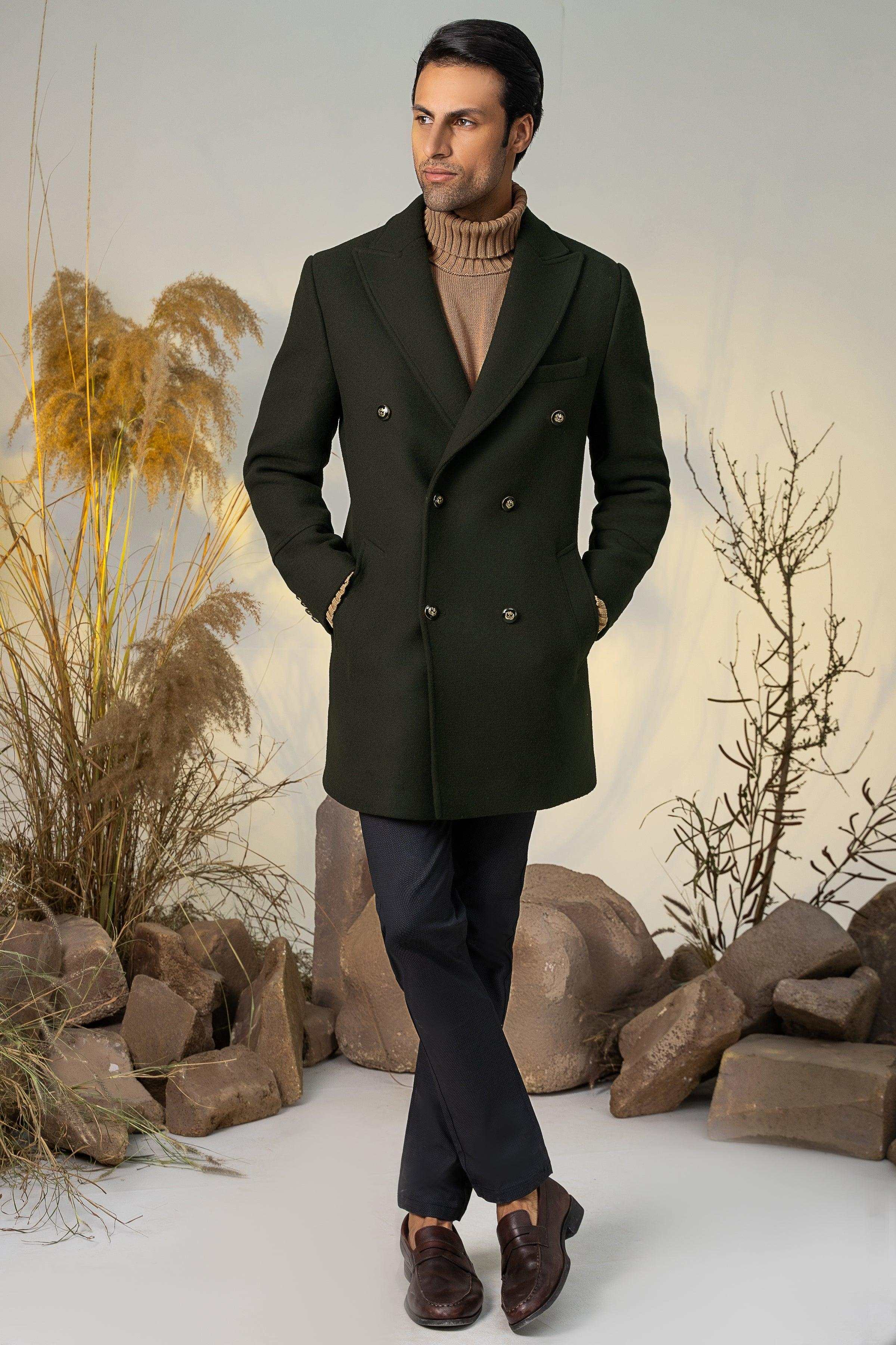 DOUBLE BREASTED LONG COAT GREEN at Charcoal Clothing