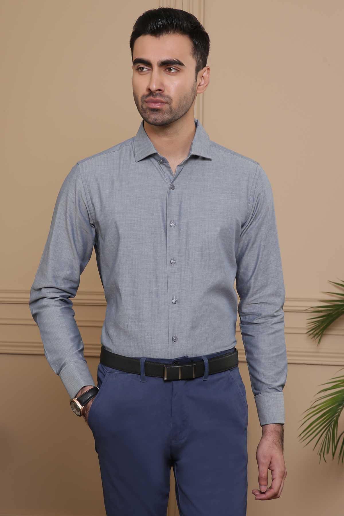 DRESS SHIRT FULL COLLAR  DOUBLE CUFF BLUE GREY at Charcoal Clothing