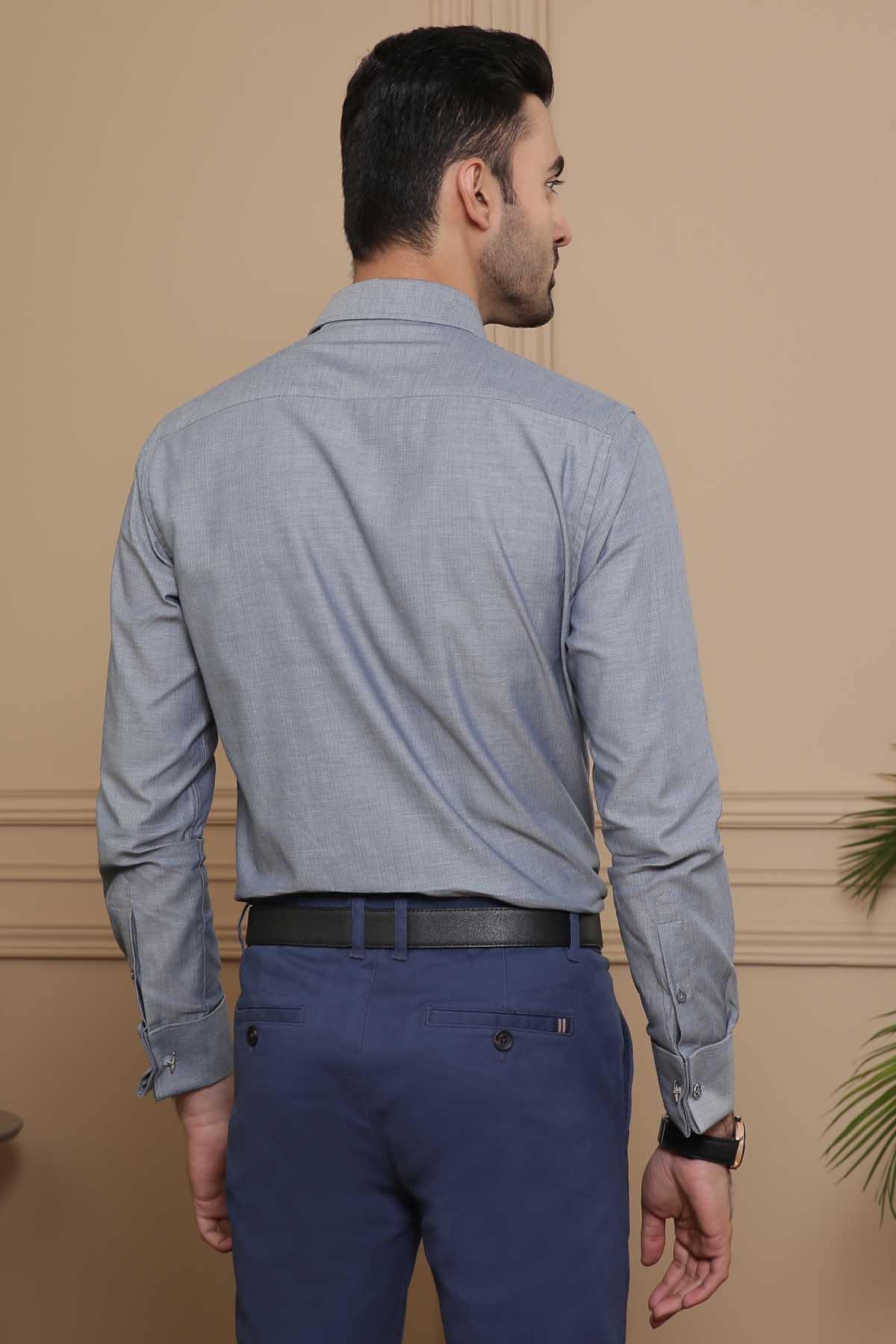DRESS SHIRT FULL COLLAR  DOUBLE CUFF BLUE GREY at Charcoal Clothing