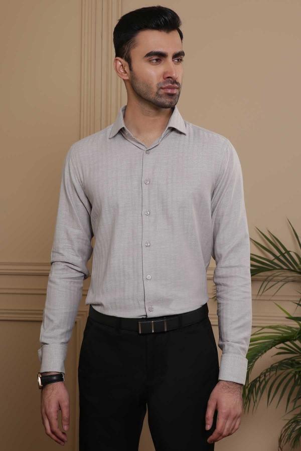 DRESS SHIRT FULL COLLAR  DOUBLE CUFF LIGHT GREY at Charcoal Clothing