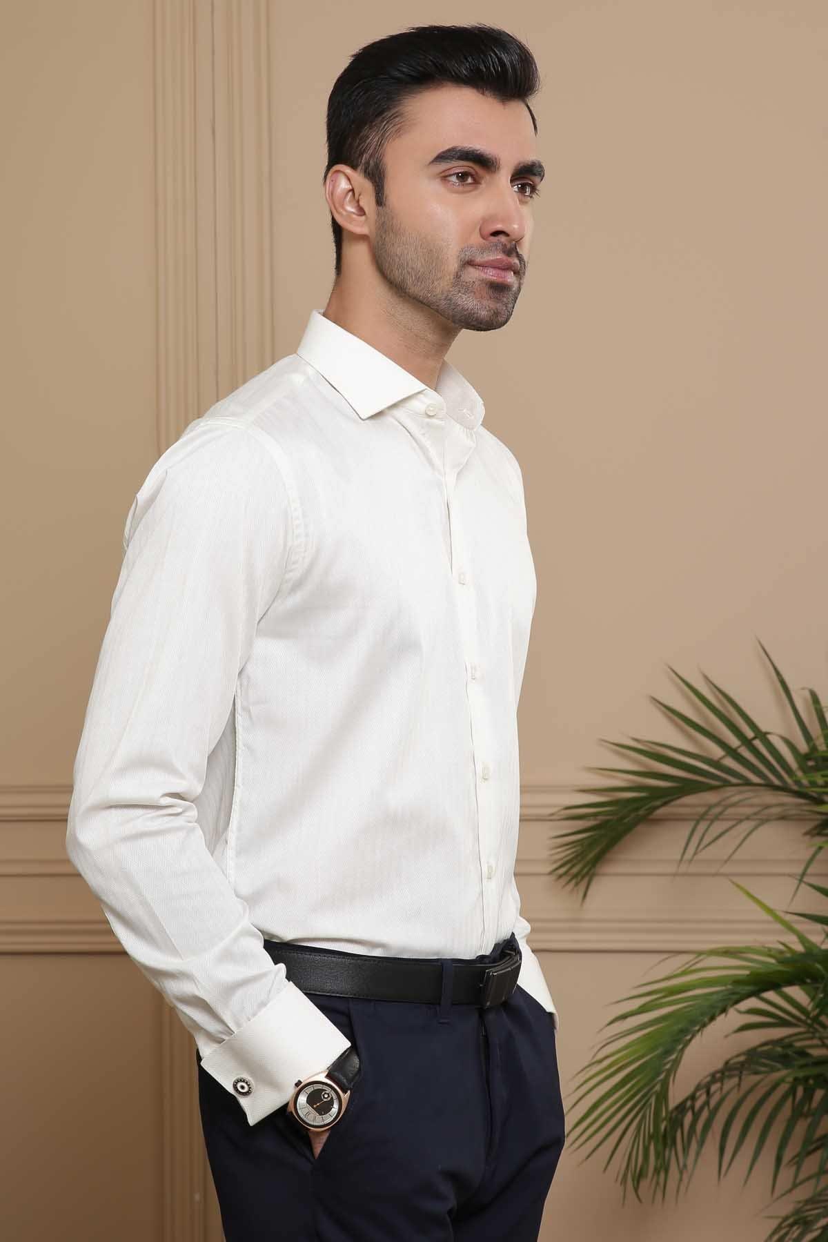 DRESS SHIRT FULL COLLAR  DOUBLE CUFF OFF WHITE at Charcoal Clothing