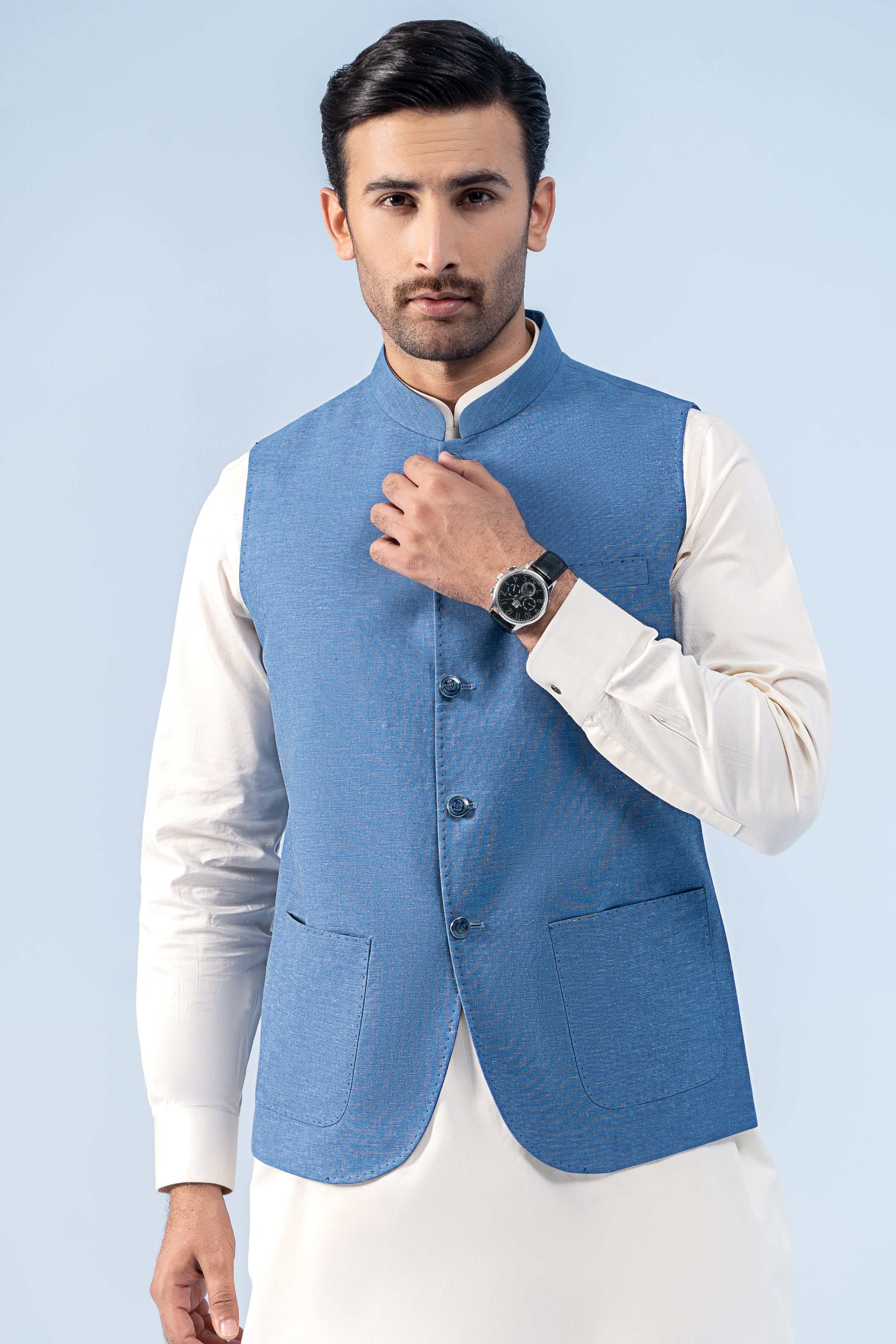 WAISTCOAT BLUE TEXTURED - Charcoal Clothing