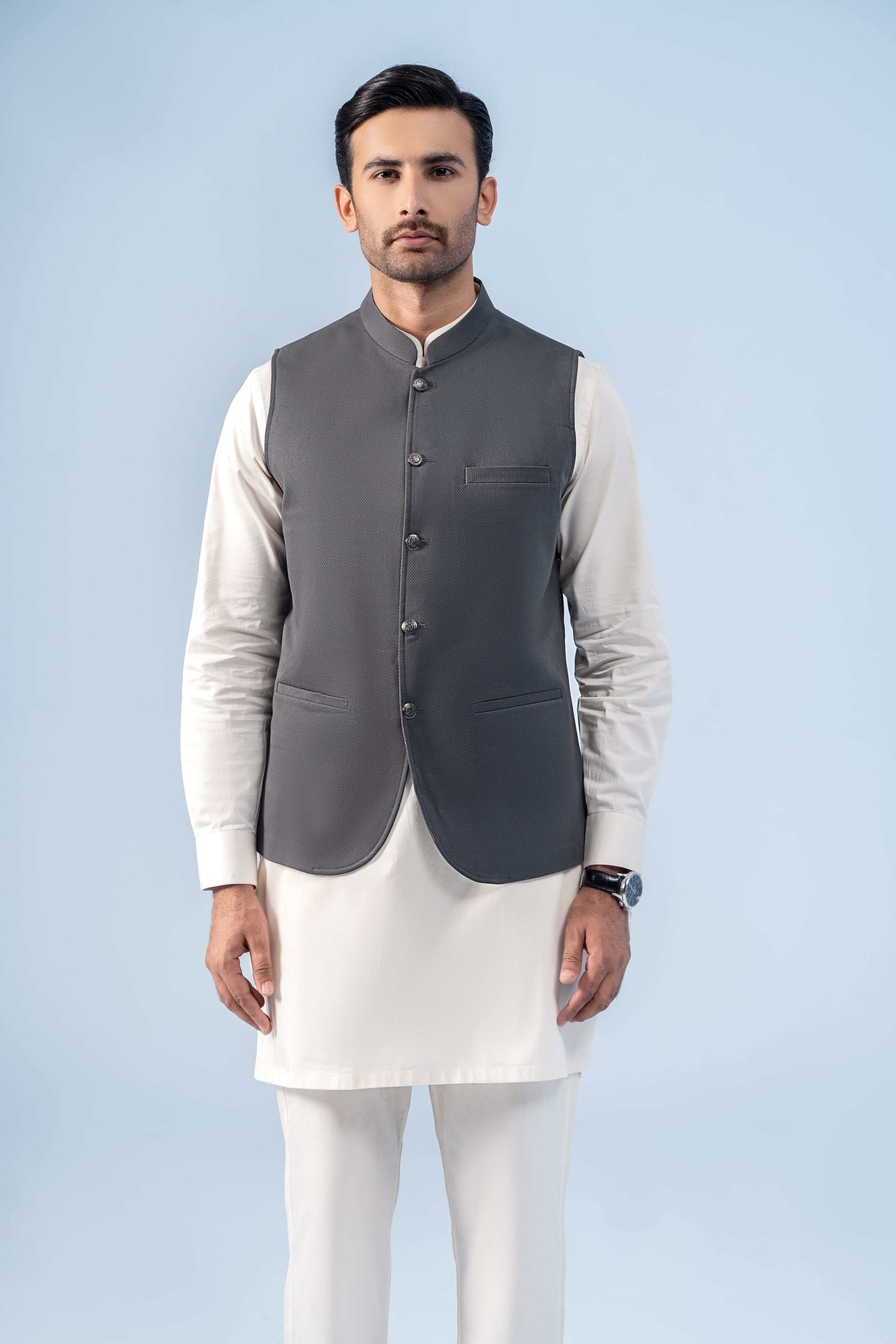 Shalwar Kameez Plain Grey Waistcoat Shop Blended Waistcoat Premium