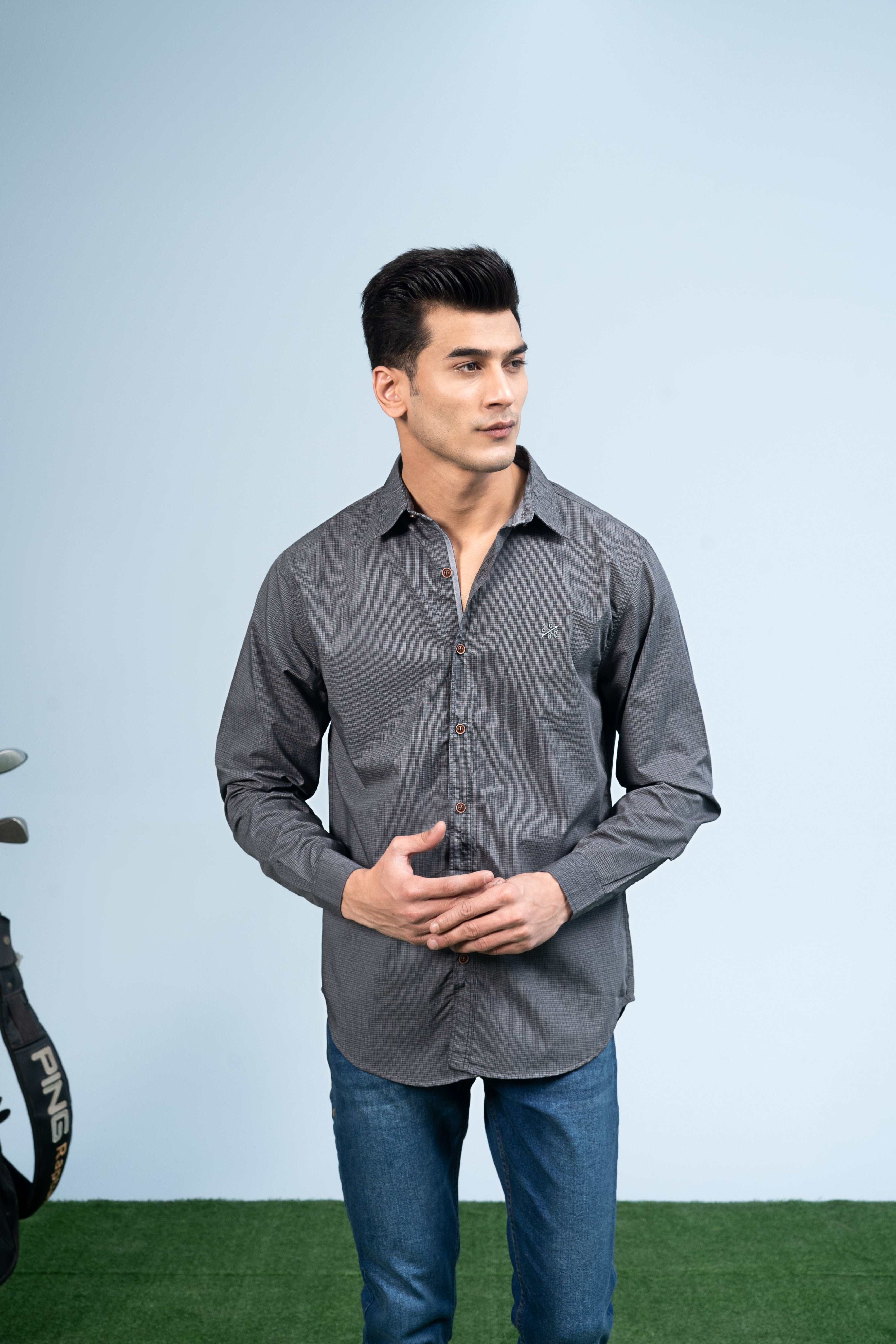 CASUAL SHIRT GREY CHECK - Charcoal Clothing