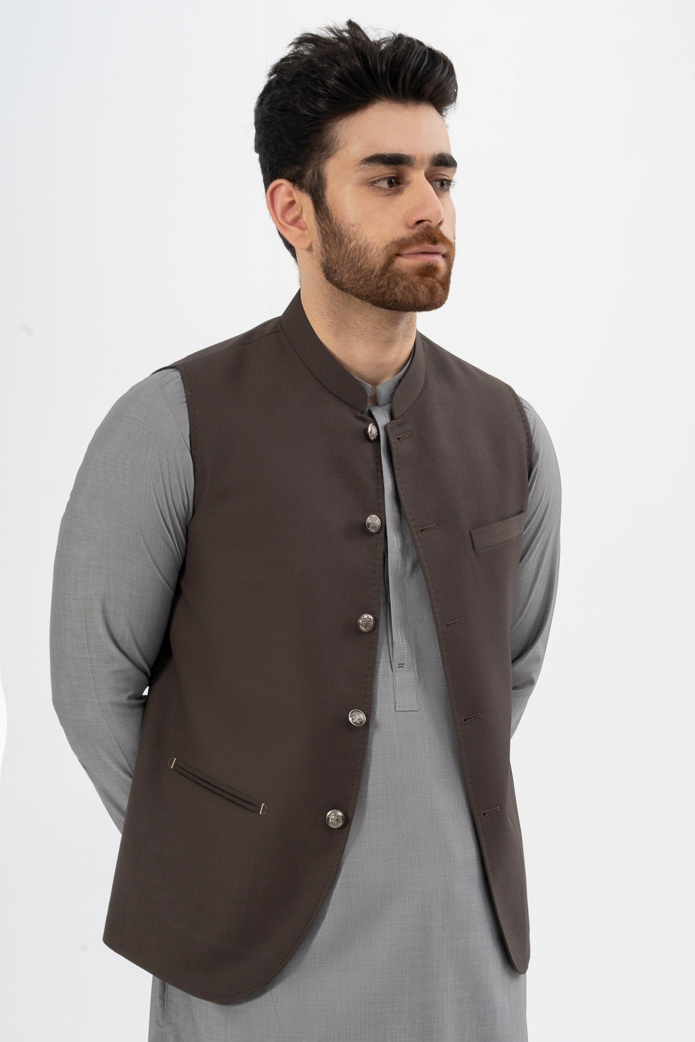 EXCLUSIVE TEXTURED WAISTCOAT COFFEE at Charcoal Clothing