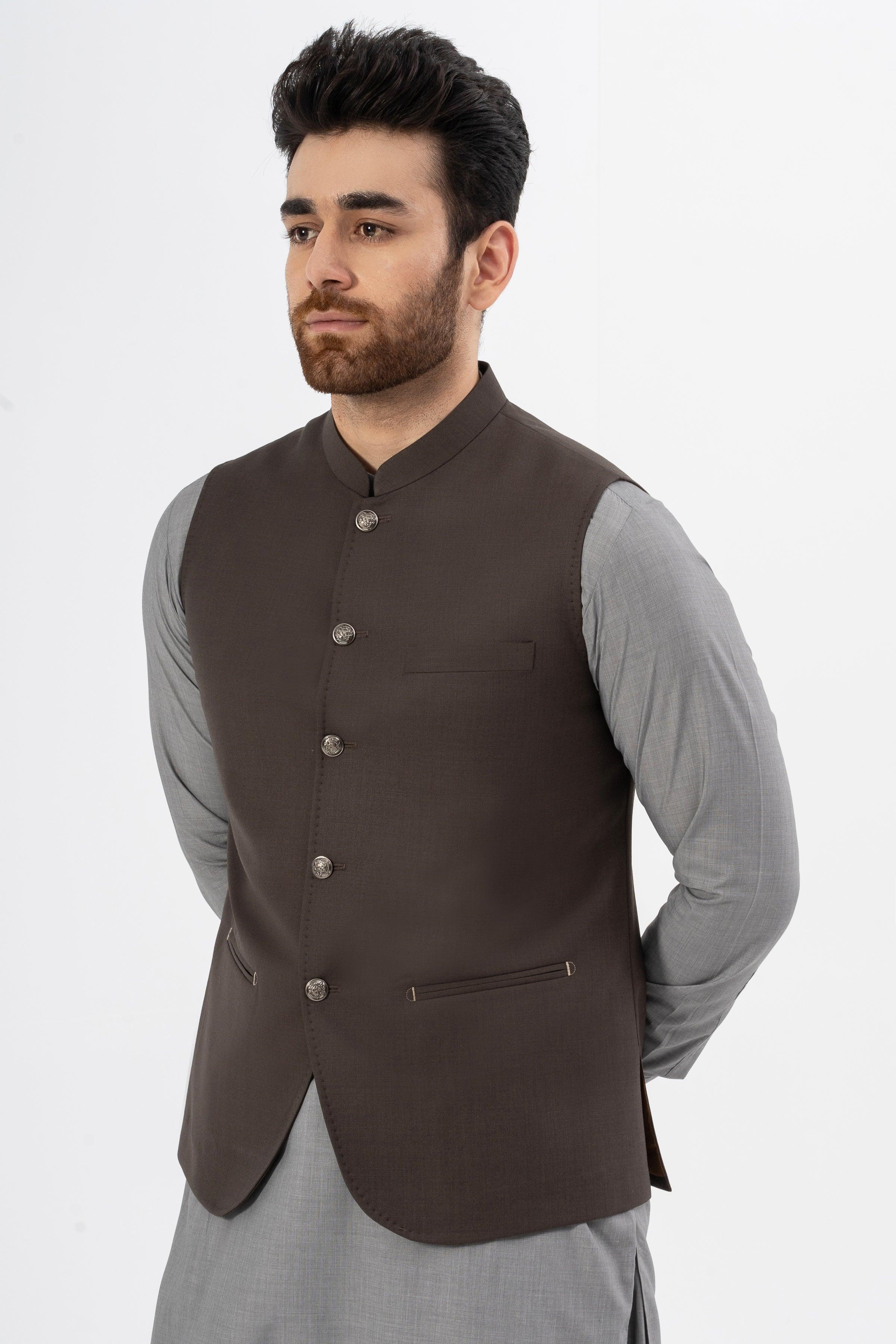 EXCLUSIVE TEXTURED WAISTCOAT COFFEE at Charcoal Clothing
