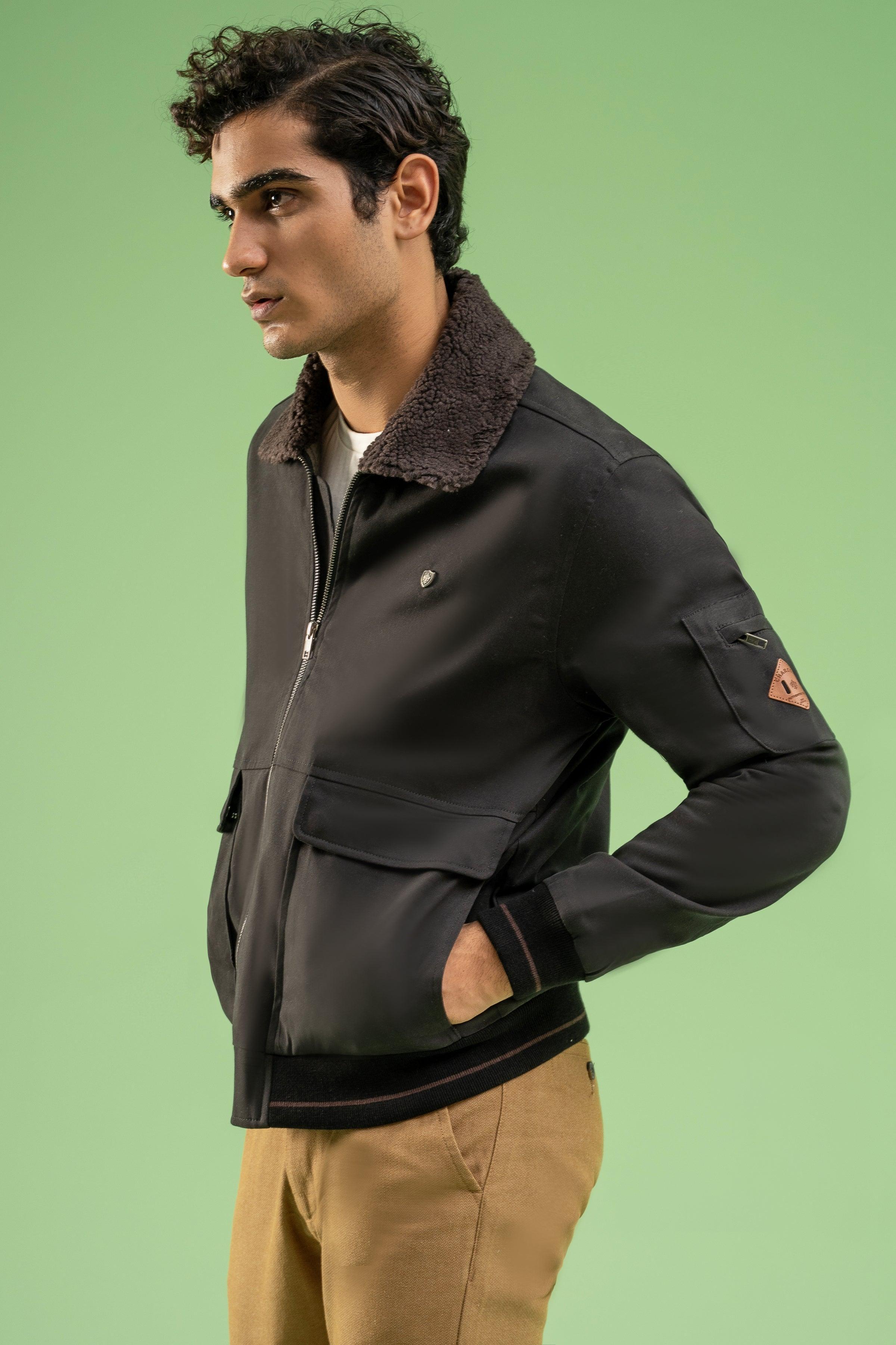 FULL SLEEVE FUR COLLAR COTTON JACKET BLACK at Charcoal Clothing