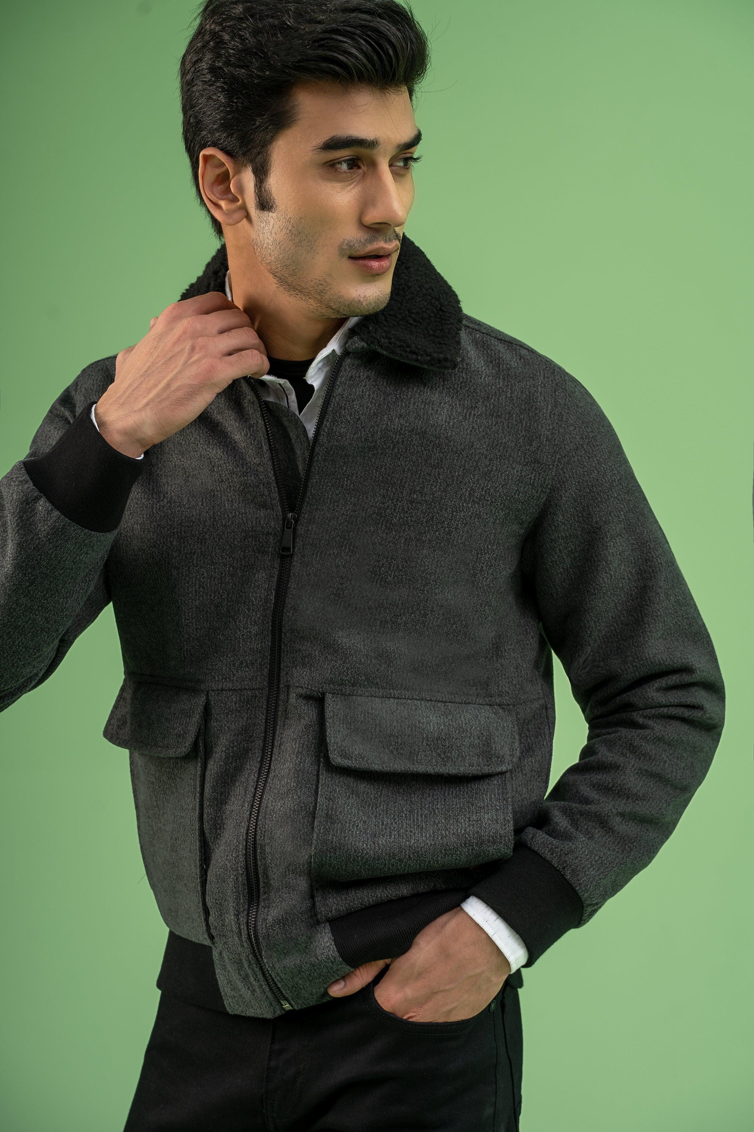 FULL SLEEVE WOOLEN FUR COLLAR JACKET CHARCOAL MELANGE at Charcoal Clothing