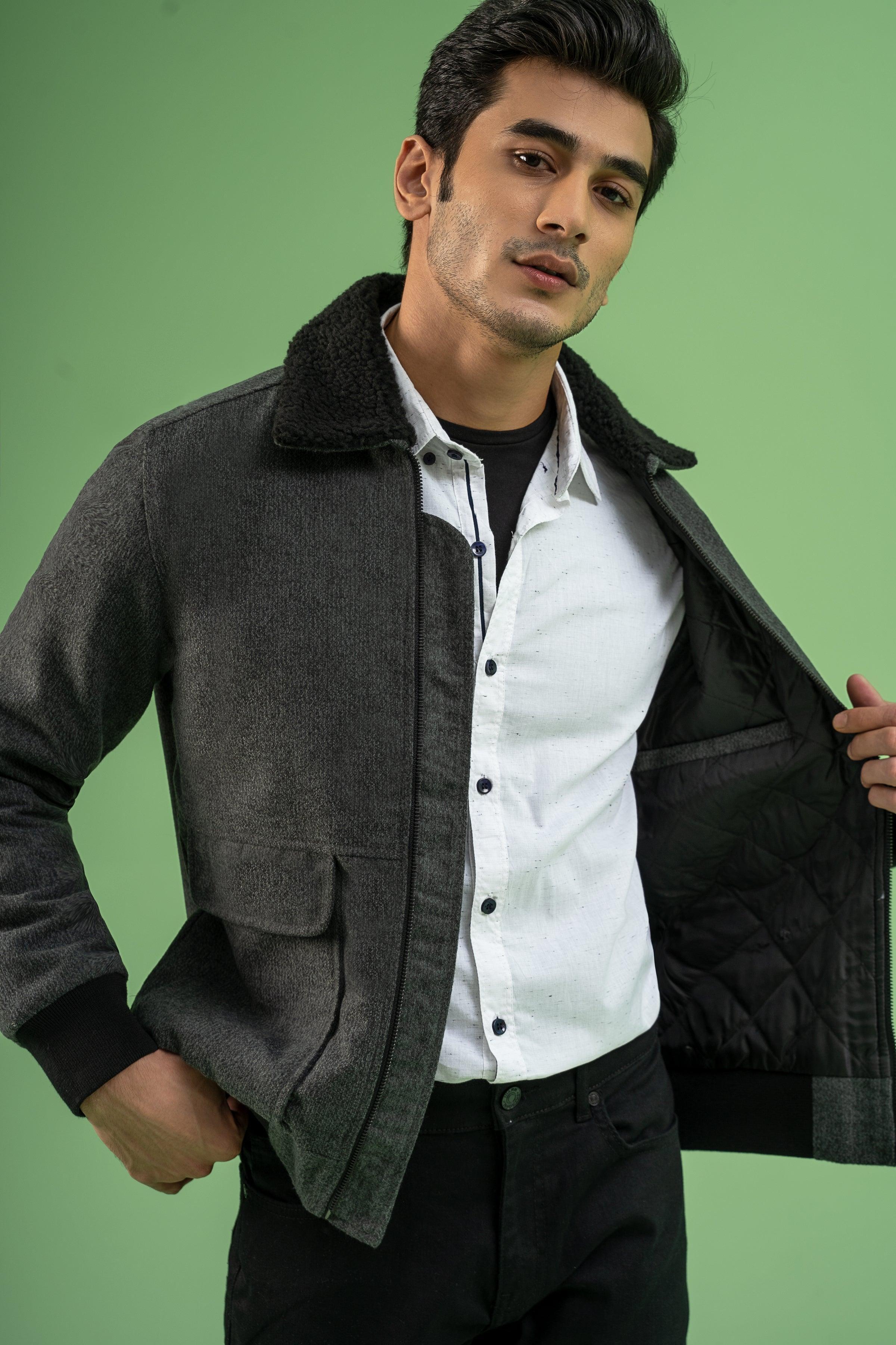 FULL SLEEVE WOOLEN FUR COLLAR JACKET CHARCOAL MELANGE at Charcoal Clothing